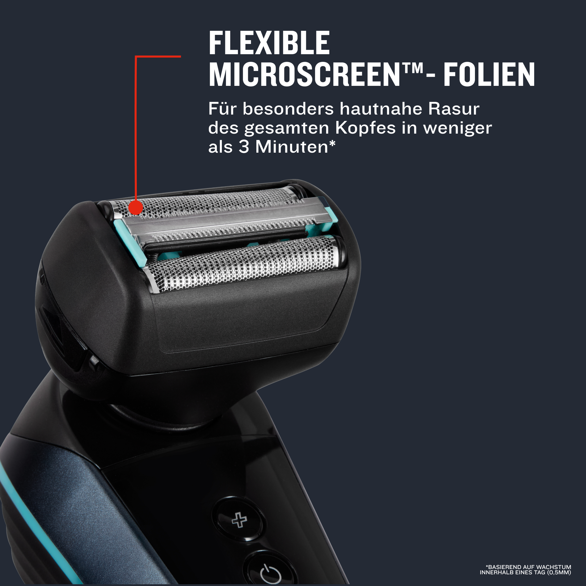 Nahaufnahme eines elektrischen Rasierers mit flexibler Mikroscreen-Folie.