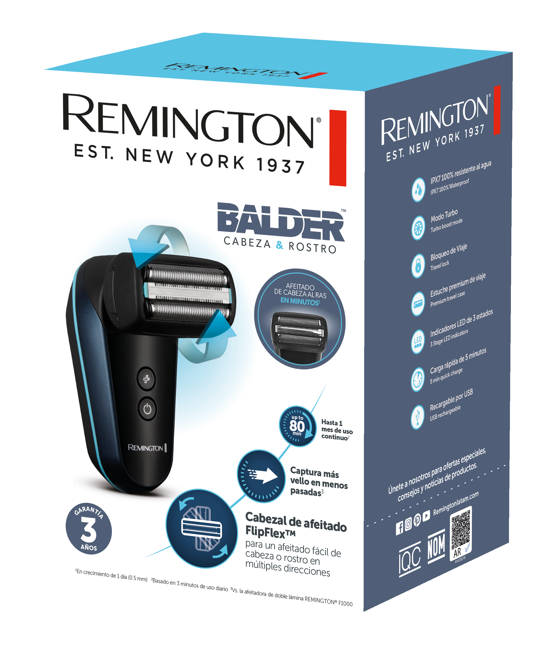 Remington Rasierer-Verpackung mit Nahaufnahme des Geräts und Funktionen.