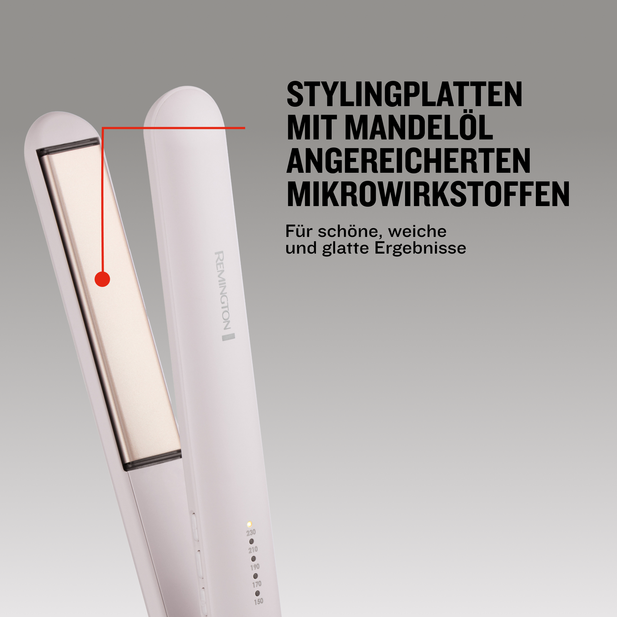 Weiße Haarglätter mit goldenen Platten und Temperaturanzeige.