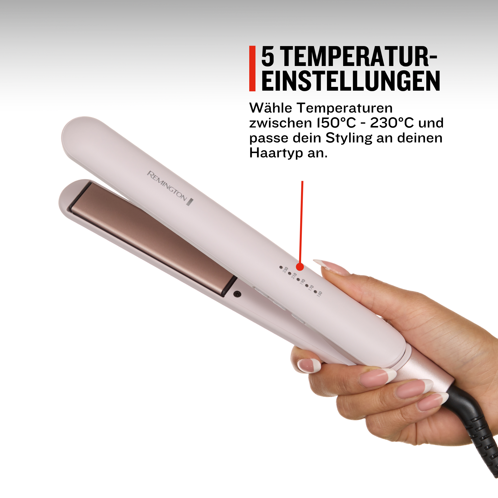 Eine Hand hält einen hellrosa Remington Haarglätter mit 5 Temperatureinstellungen.