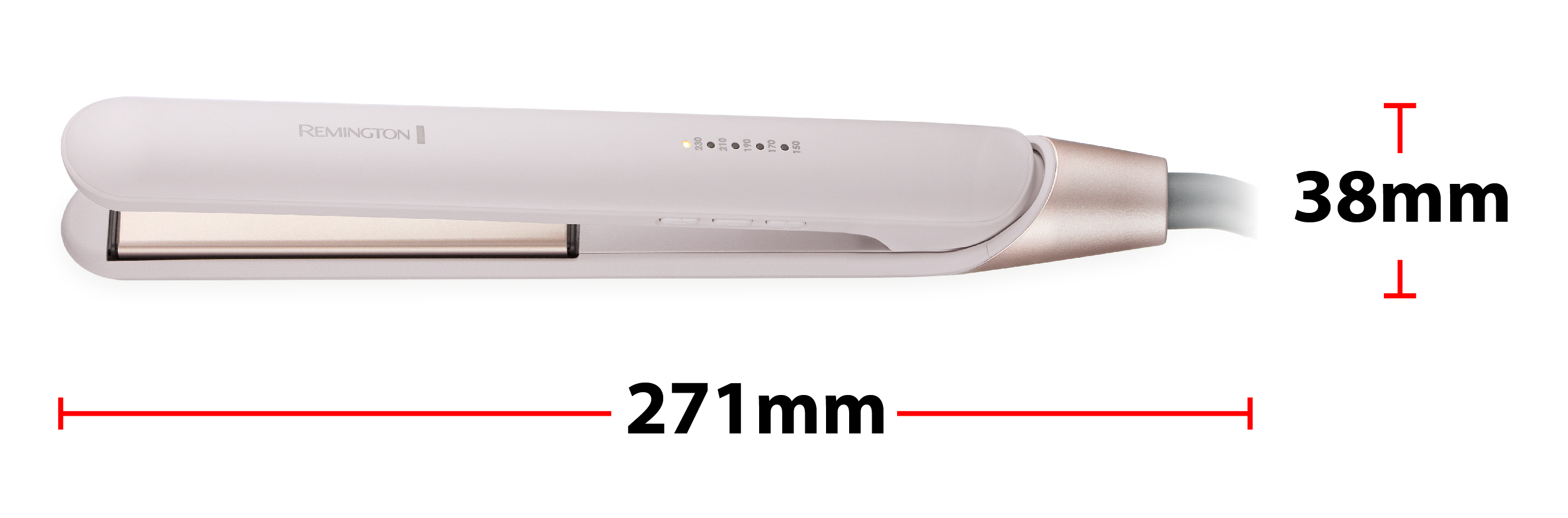 Ein weißer Remington-Haarglätter mit roségoldenen Akzenten wird gezeigt.