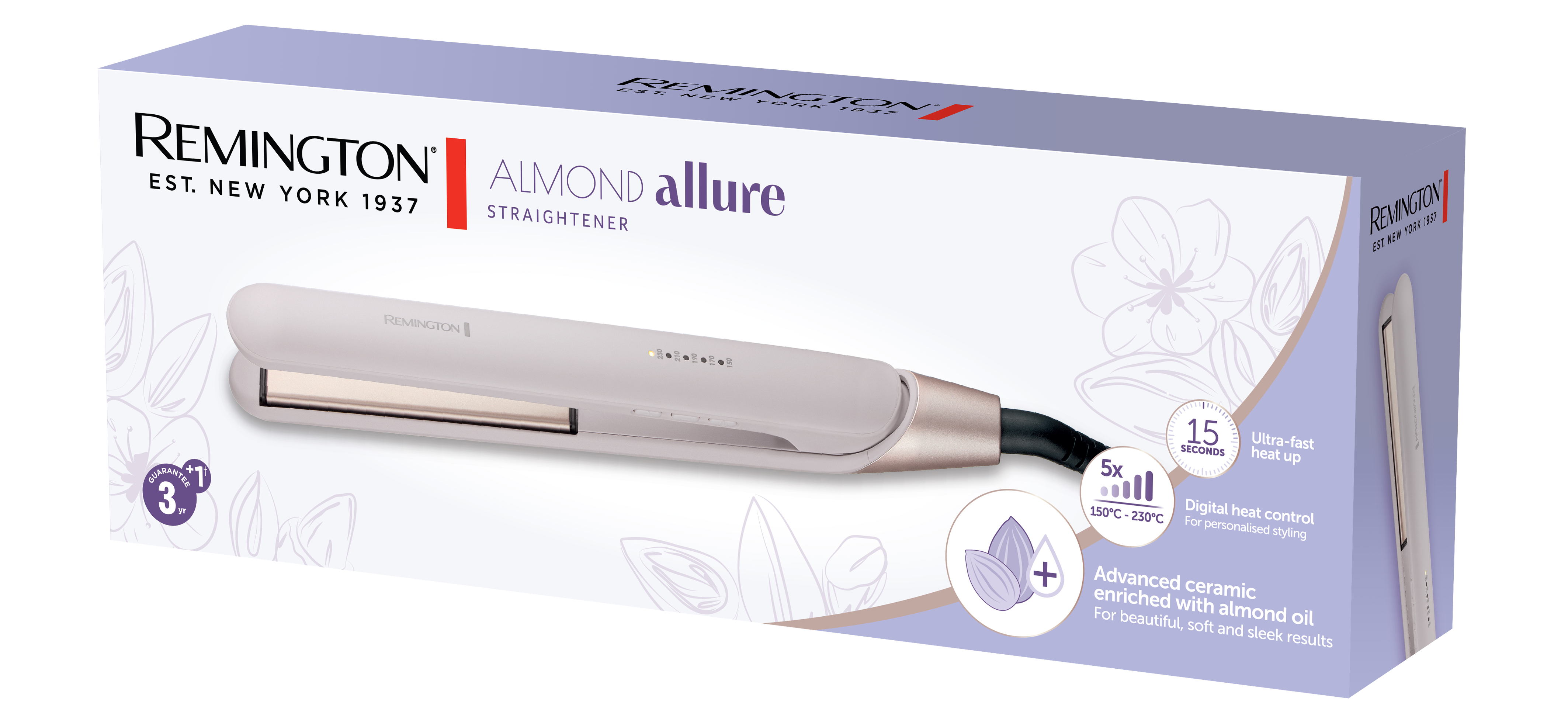 Packung eines Remington Almond Allure Haarglätters mit Produktabbildung und Details.