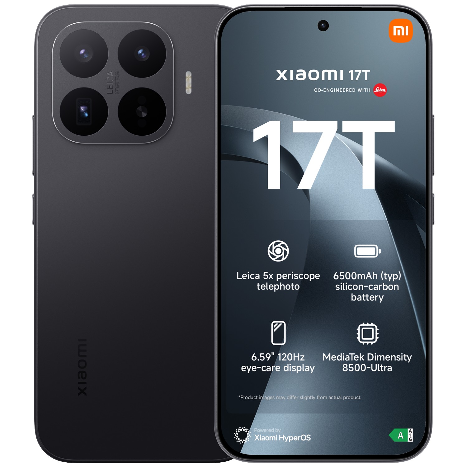 Zwarte Xiaomi 17T telefoon met Leica-camera en specificaties.