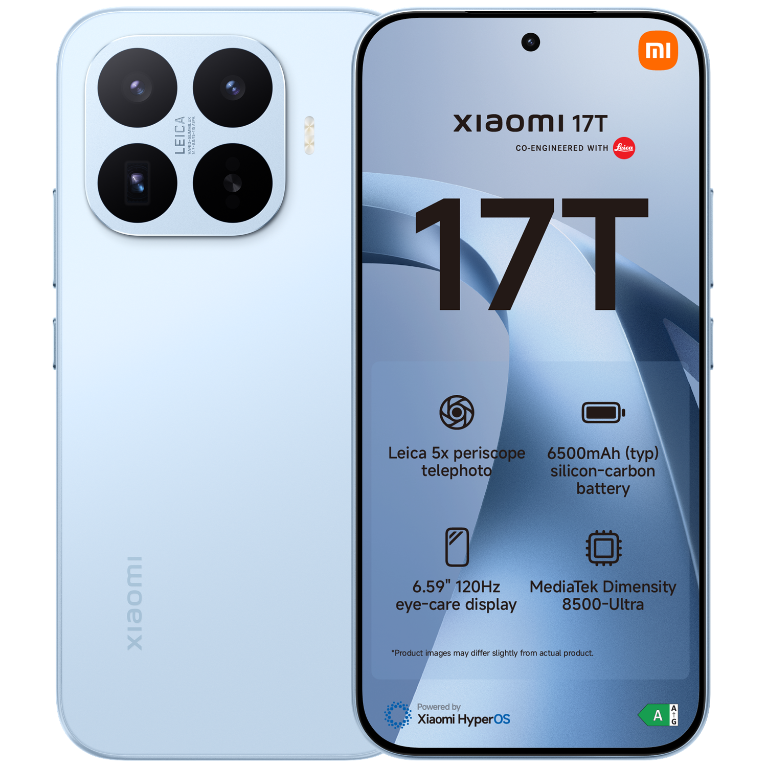 Een blauwe Xiaomi 17T smartphone met Leica-camera en specificaties.