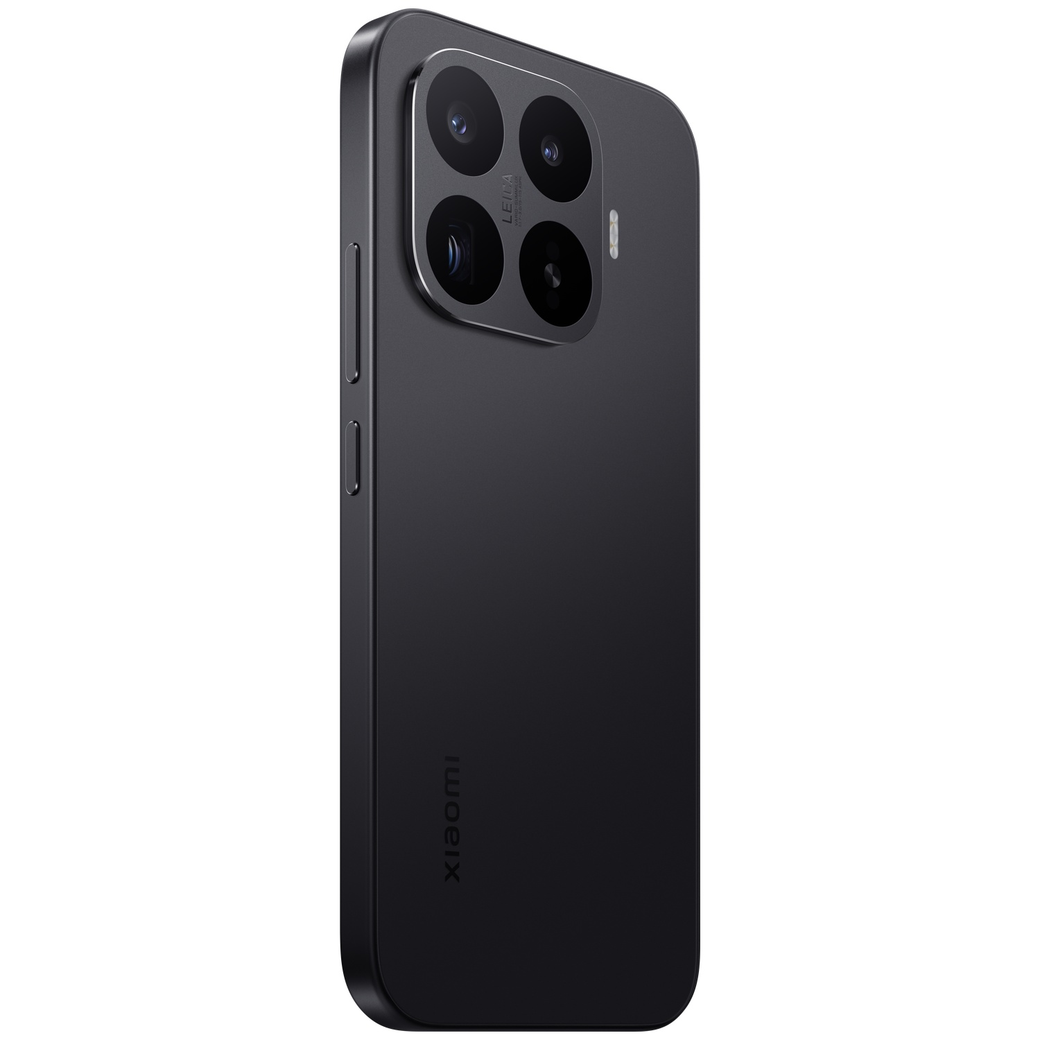 Zwarte smartphone met drievoudige camera en Leica-branding, links op de achterkant.