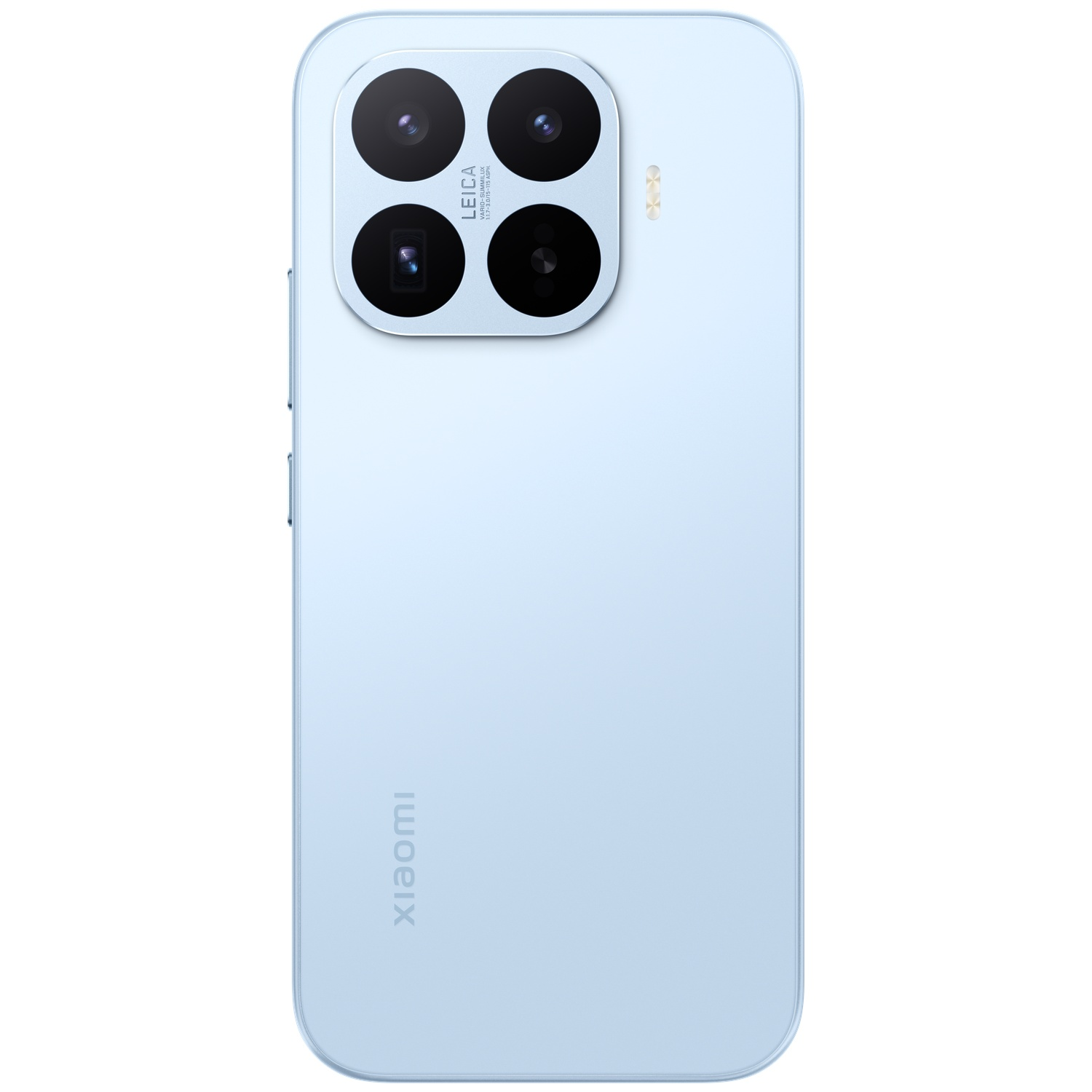Een lichtblauwe smartphone met vier camera's en Xiaomi-logo.