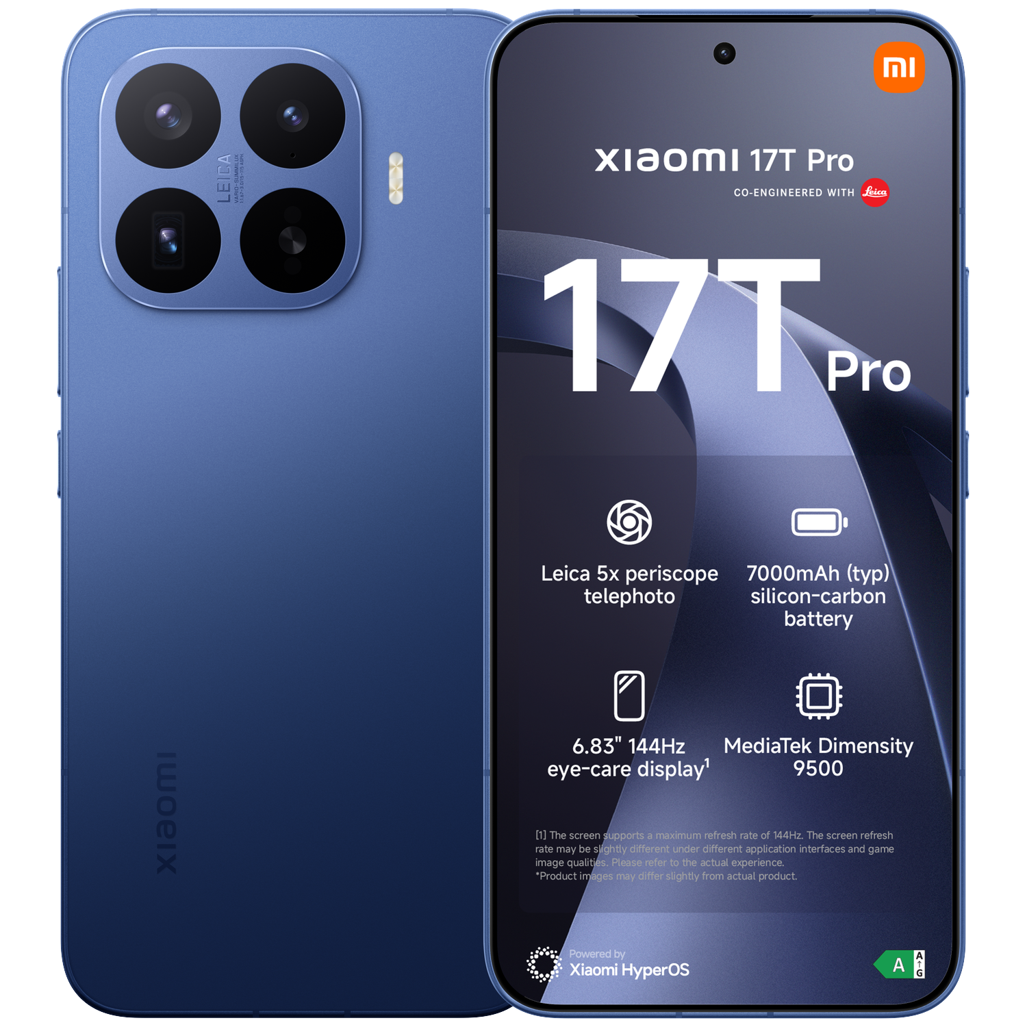 Blauwe Xiaomi 17T Pro smartphone met Leica camera en specificaties.