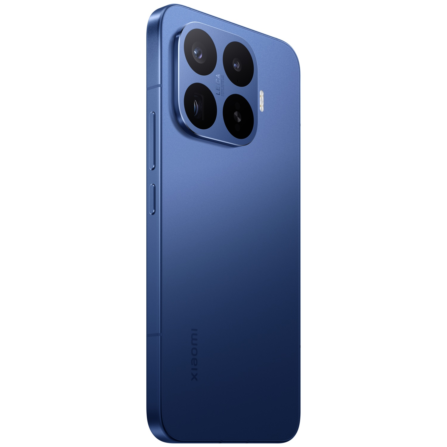 Een blauwe Xiaomi smartphone met drie camera's. Het Xiaomi logo is zichtbaar.