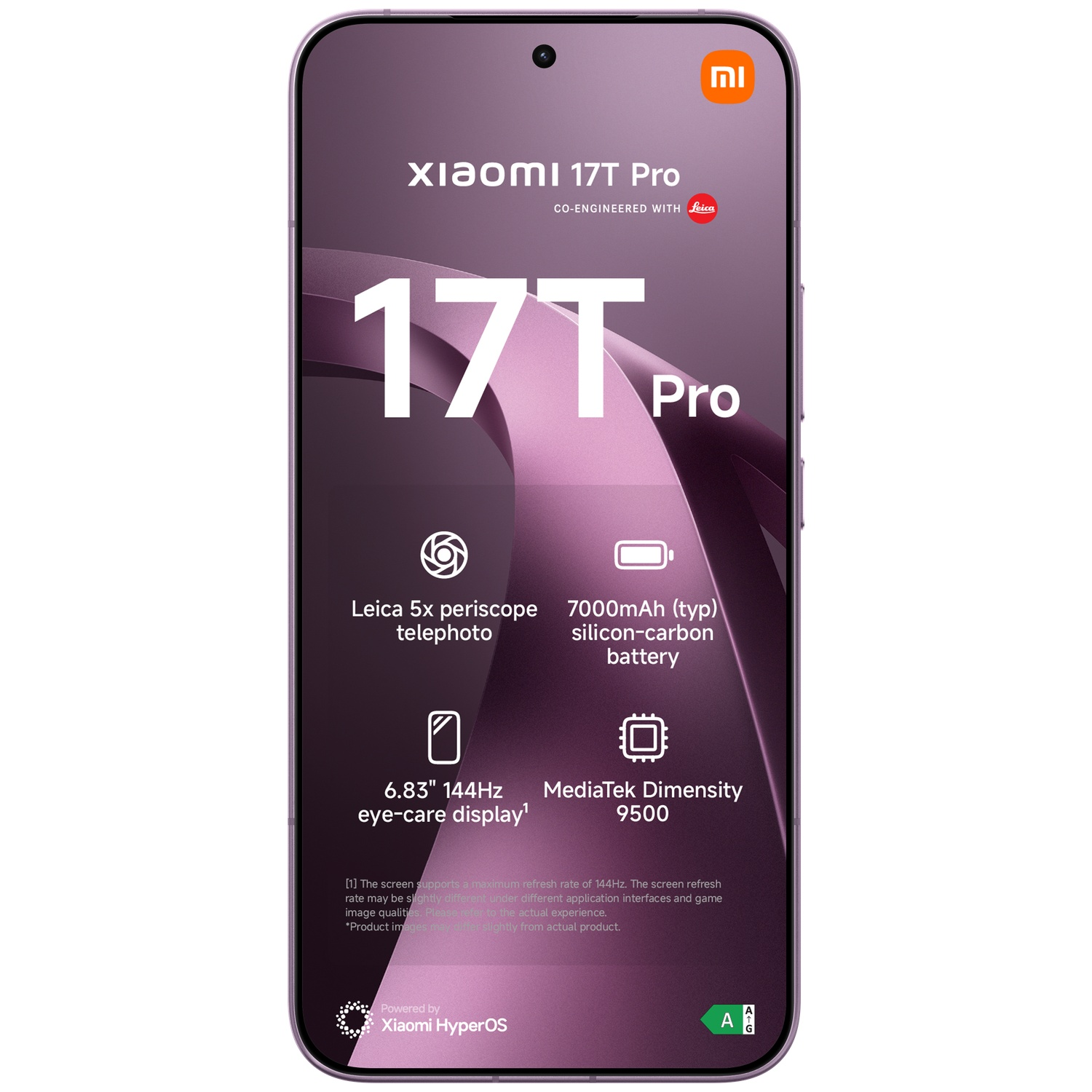 Paarse Xiaomi 17T Pro telefoon met Leica camera, 7000mAh batterij.