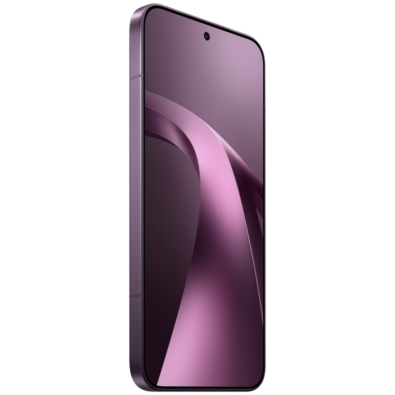 Een paarse smartphone met een gebogen scherm en één camera aan de voorzijde.