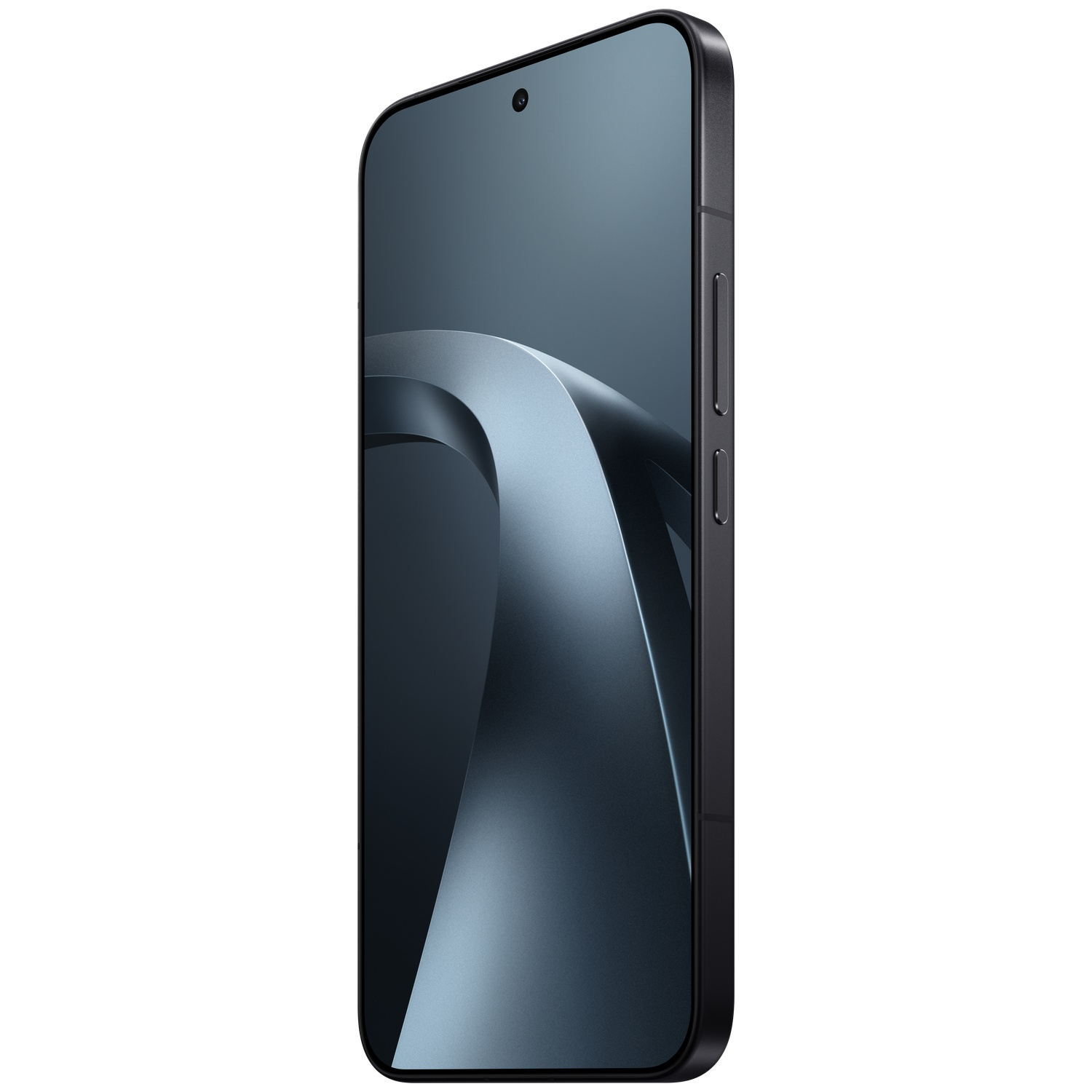 Een donkere smartphone met een gebogen scherm en een enkele camera aan de voorkant.