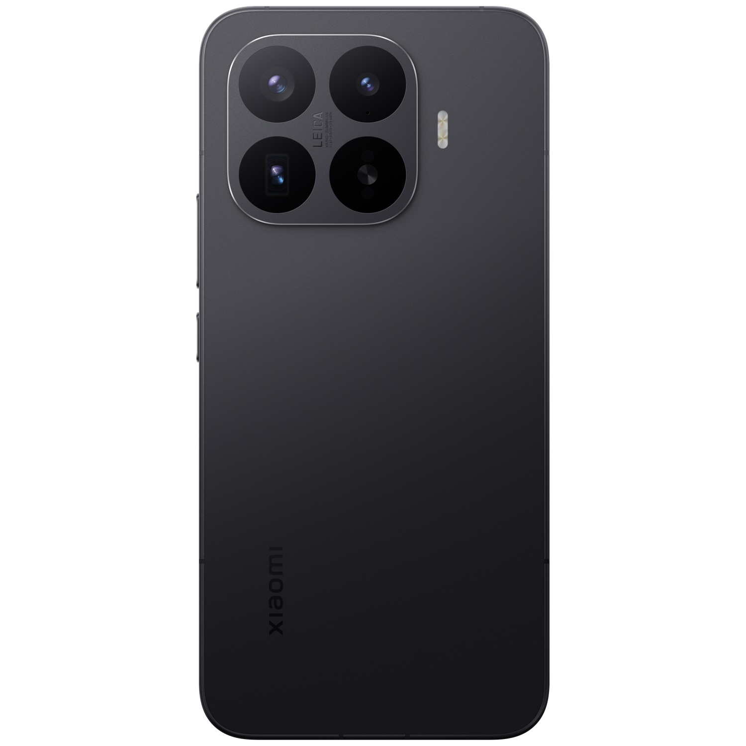 Achterkant van een zwarte smartphone met vier camera's en Leica-logo.
