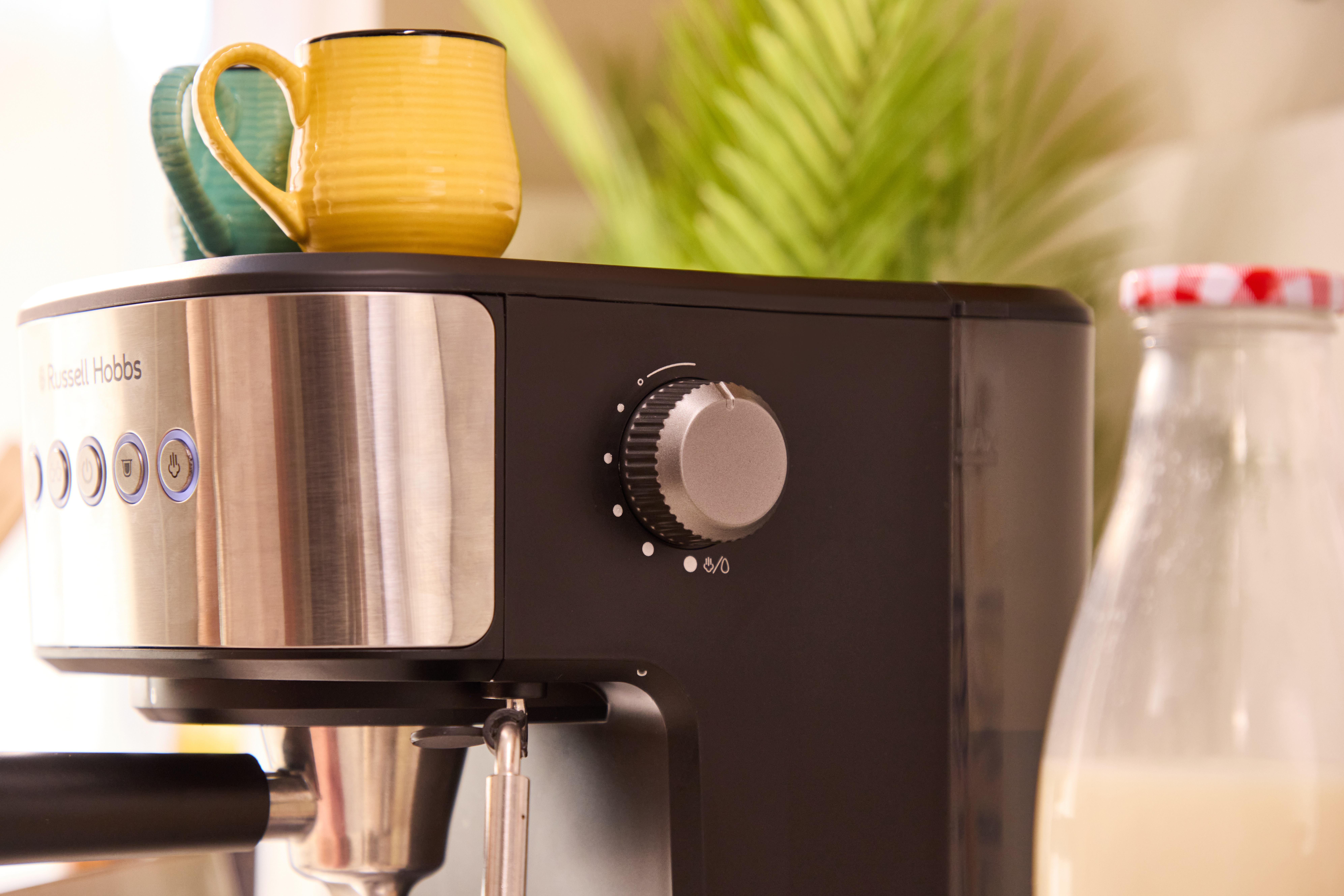 Eine Kaffeemaschine mit Tassen, einer Flasche Milch und einer grünen Pflanze.