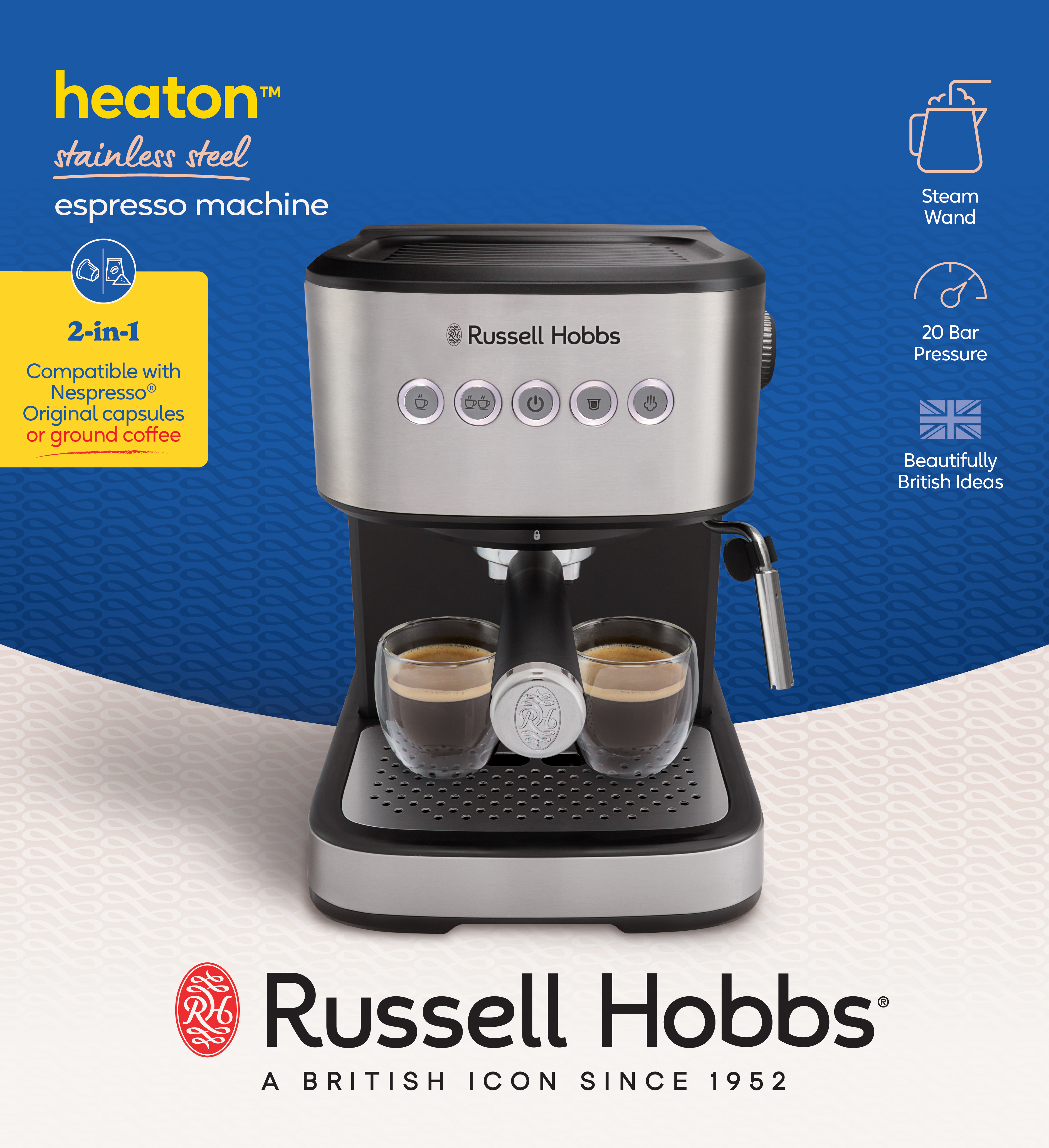 Russell Hobbs Espressomaschine mit zwei Tassen Kaffee, silber und schwarz.