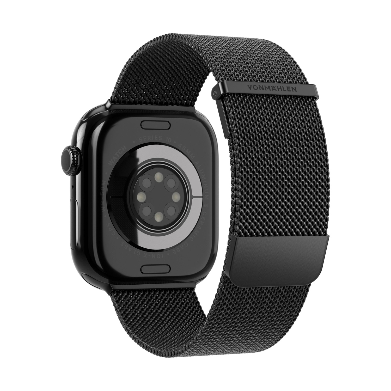 Smartwatch nero con cinturino milanese nero, vista posteriore.