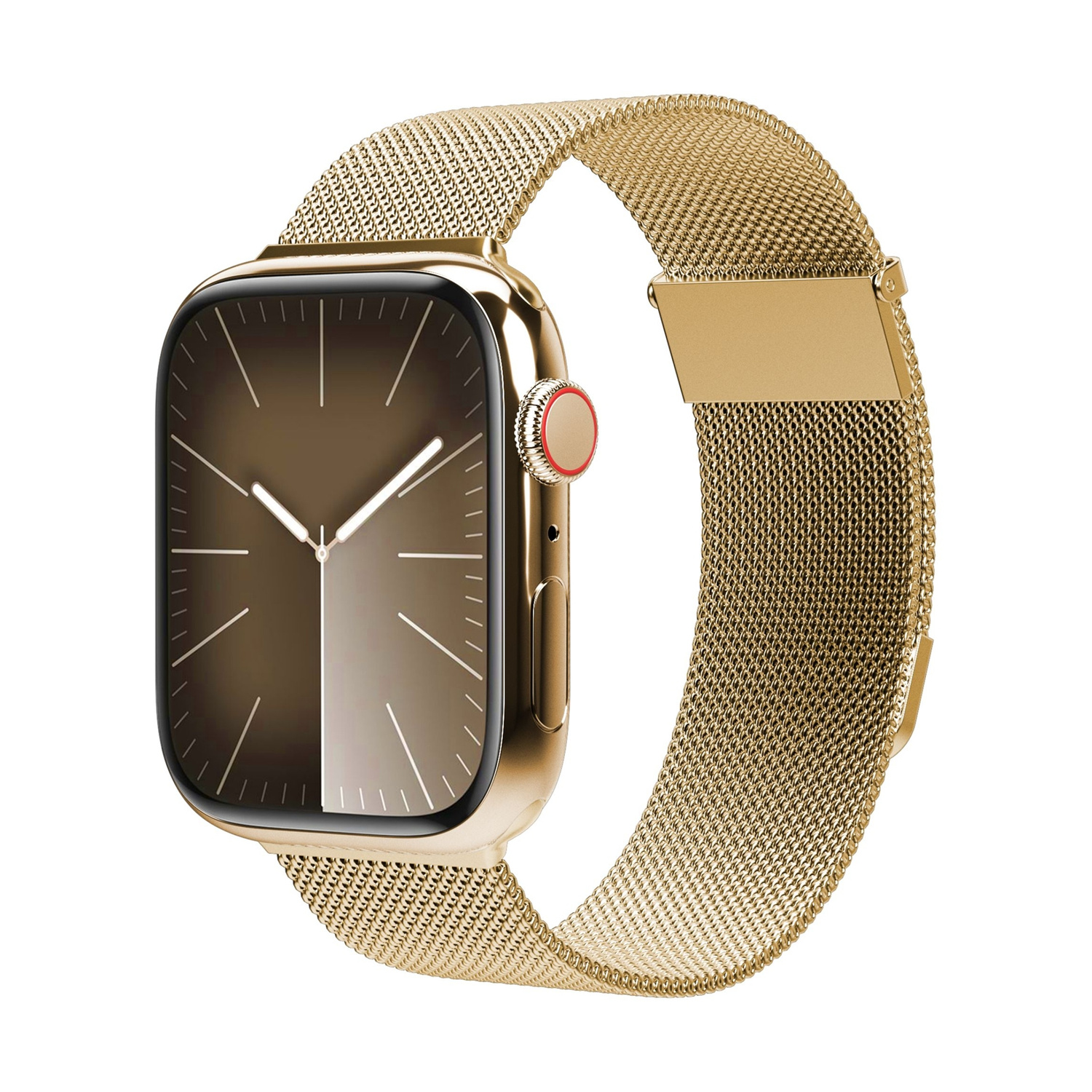 Smartwatch dorato con cinturino in maglia su sfondo bianco.