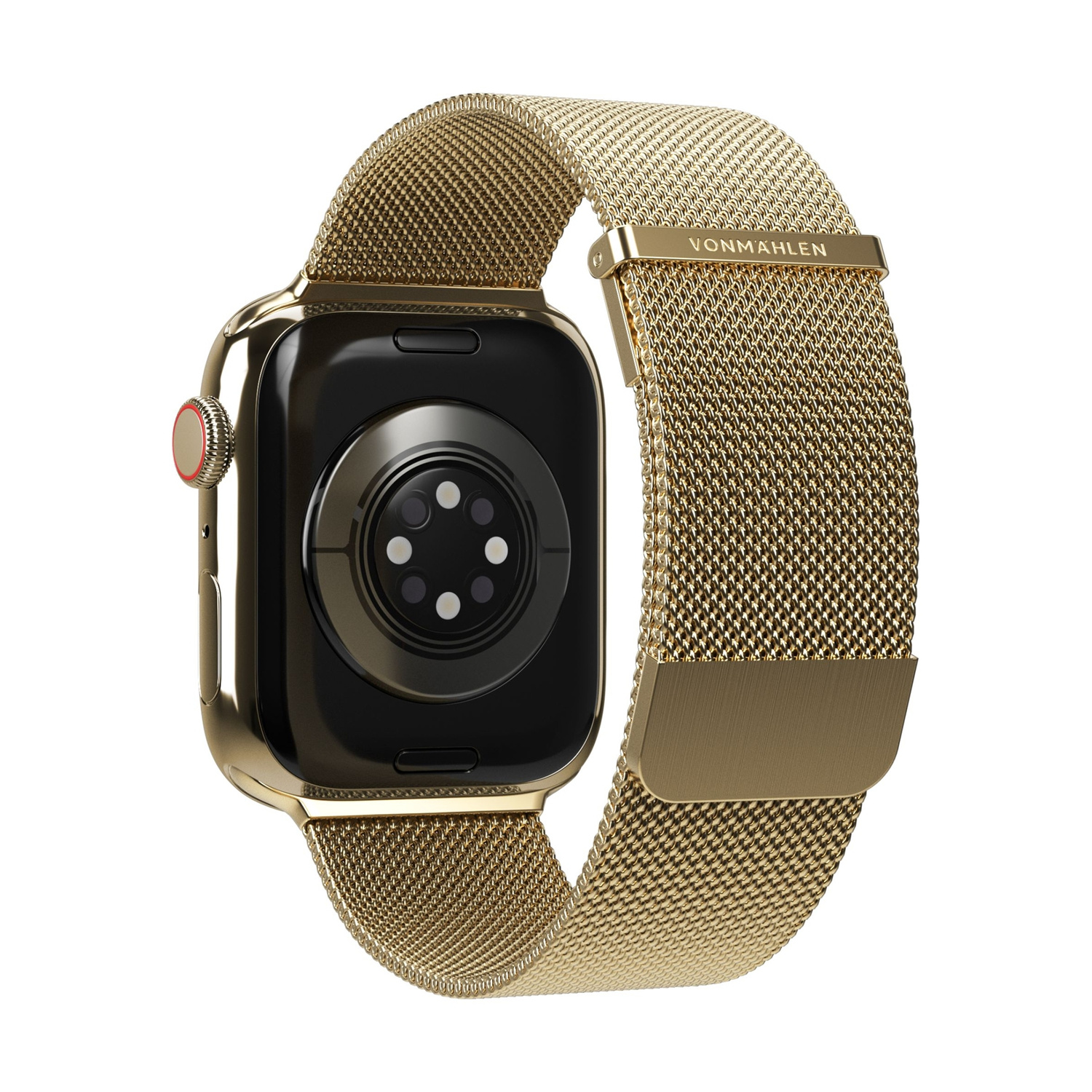 Smartwatch dorata con display nero e cinturino in metallo. Il retro mostra sensori.