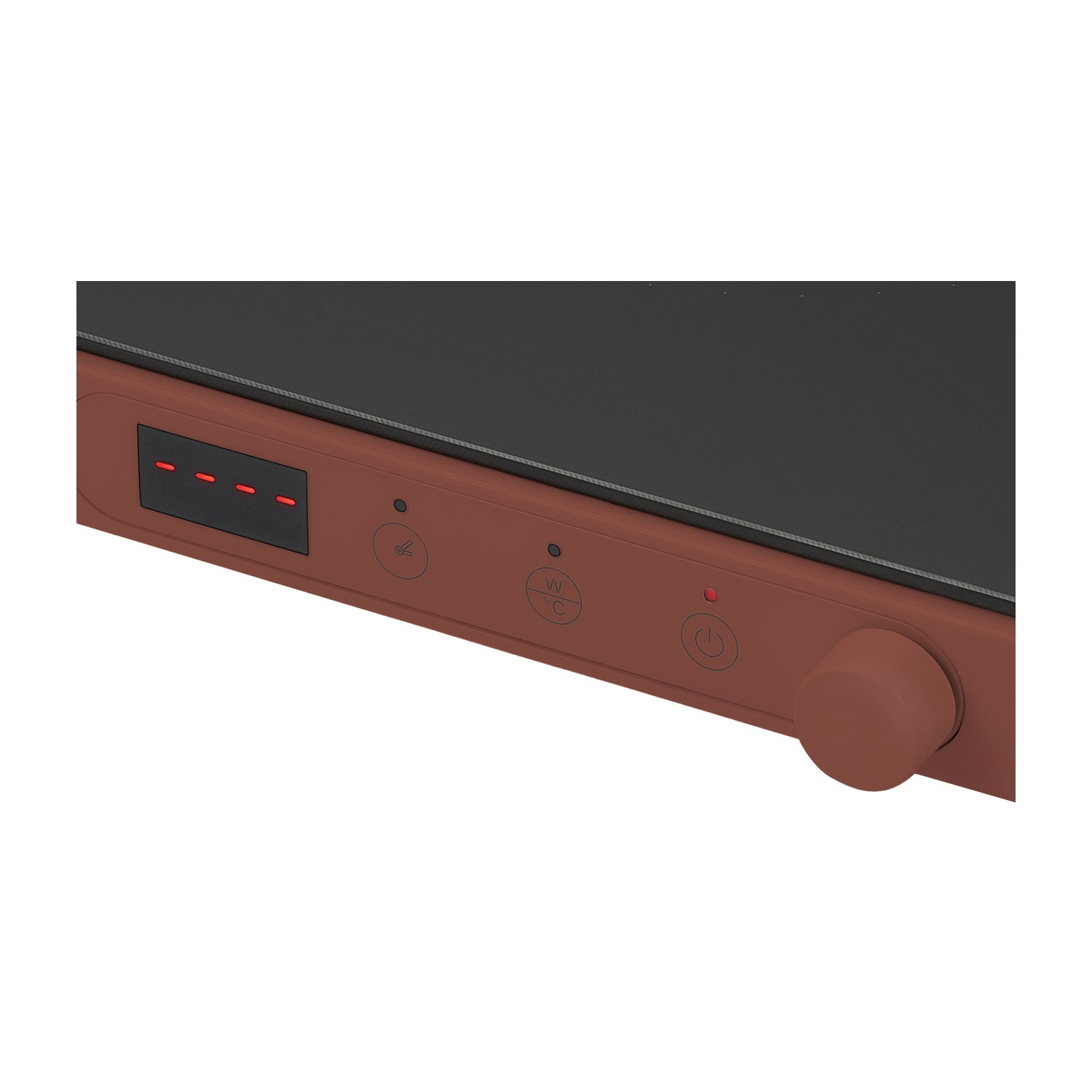 Un piano cottura marrone con display rosso e pulsanti.
