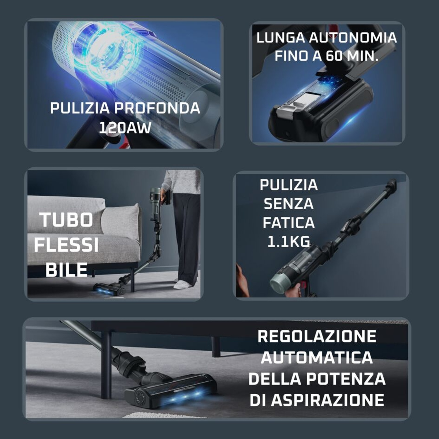 Caratteristiche aspirapolvere: pulizia profonda 120AW, 60 min batteria, tubo flessibile, 1.1kg, regolazione potenza auto.