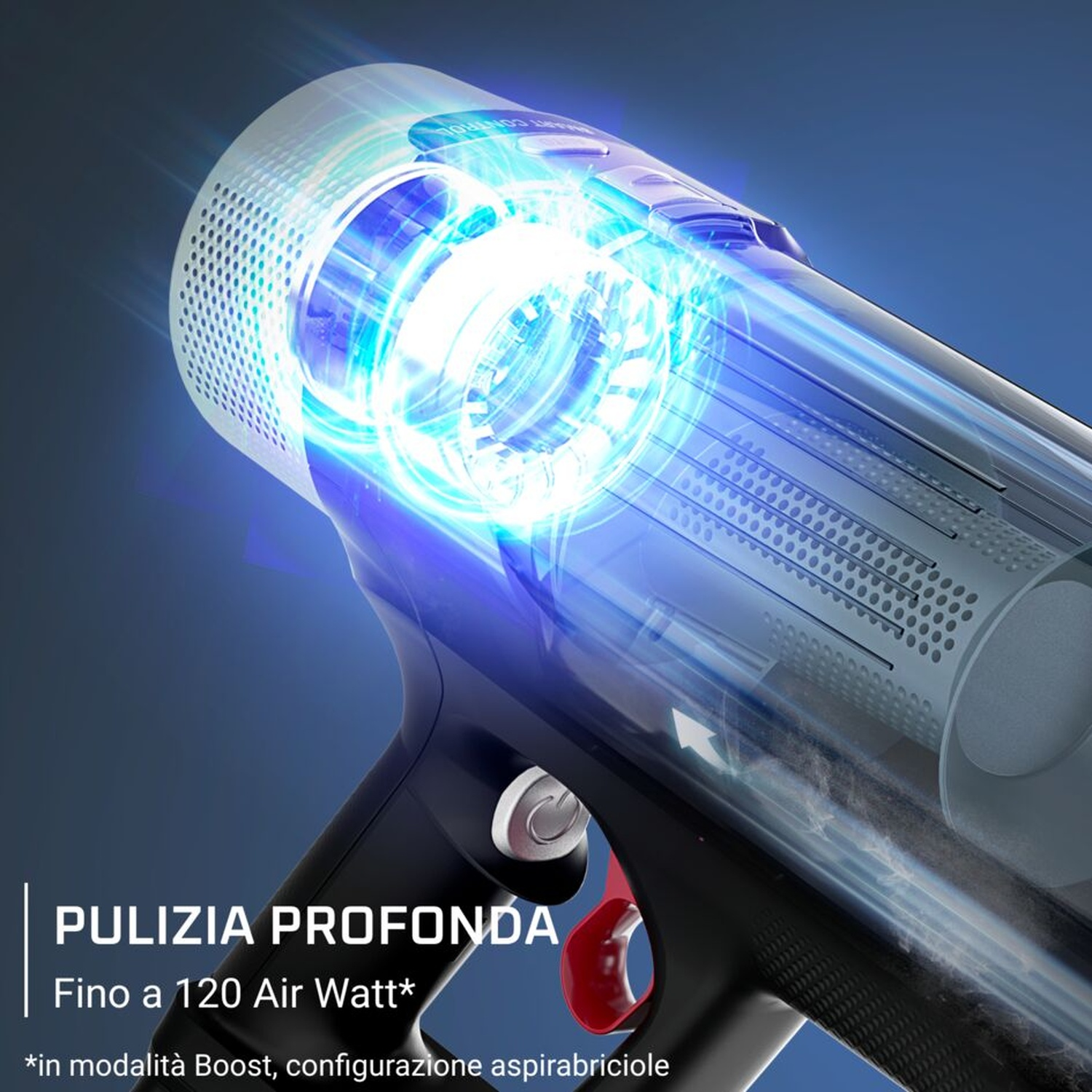 Un aspirapolvere senza fili con accenti blu e bianchi luminosi.