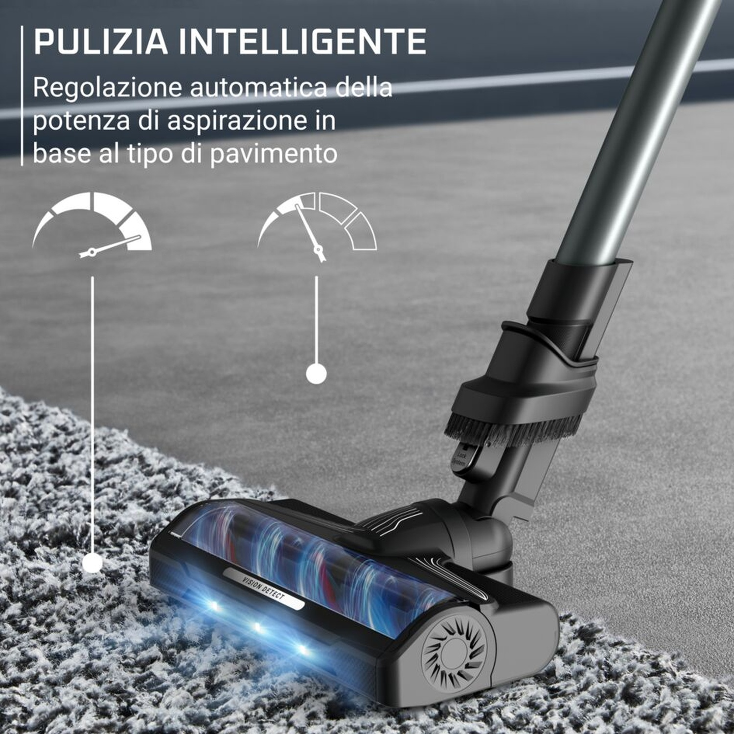Testa aspirapolvere con luci su tappeto. Testo: Pulizia intelligente, regolazione automatica potenza.