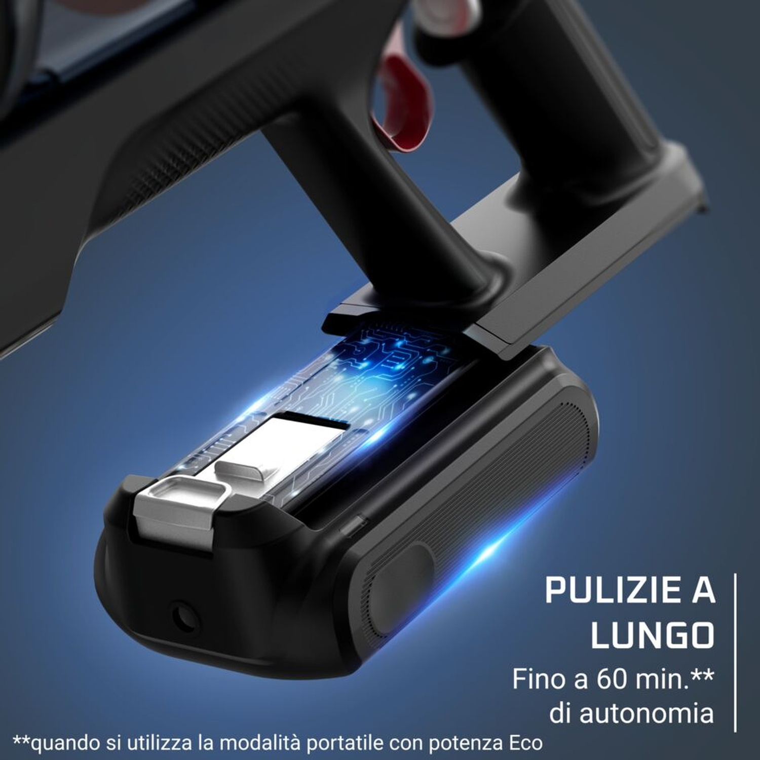 Impugnatura aspirapolvere nera con batteria staccabile.