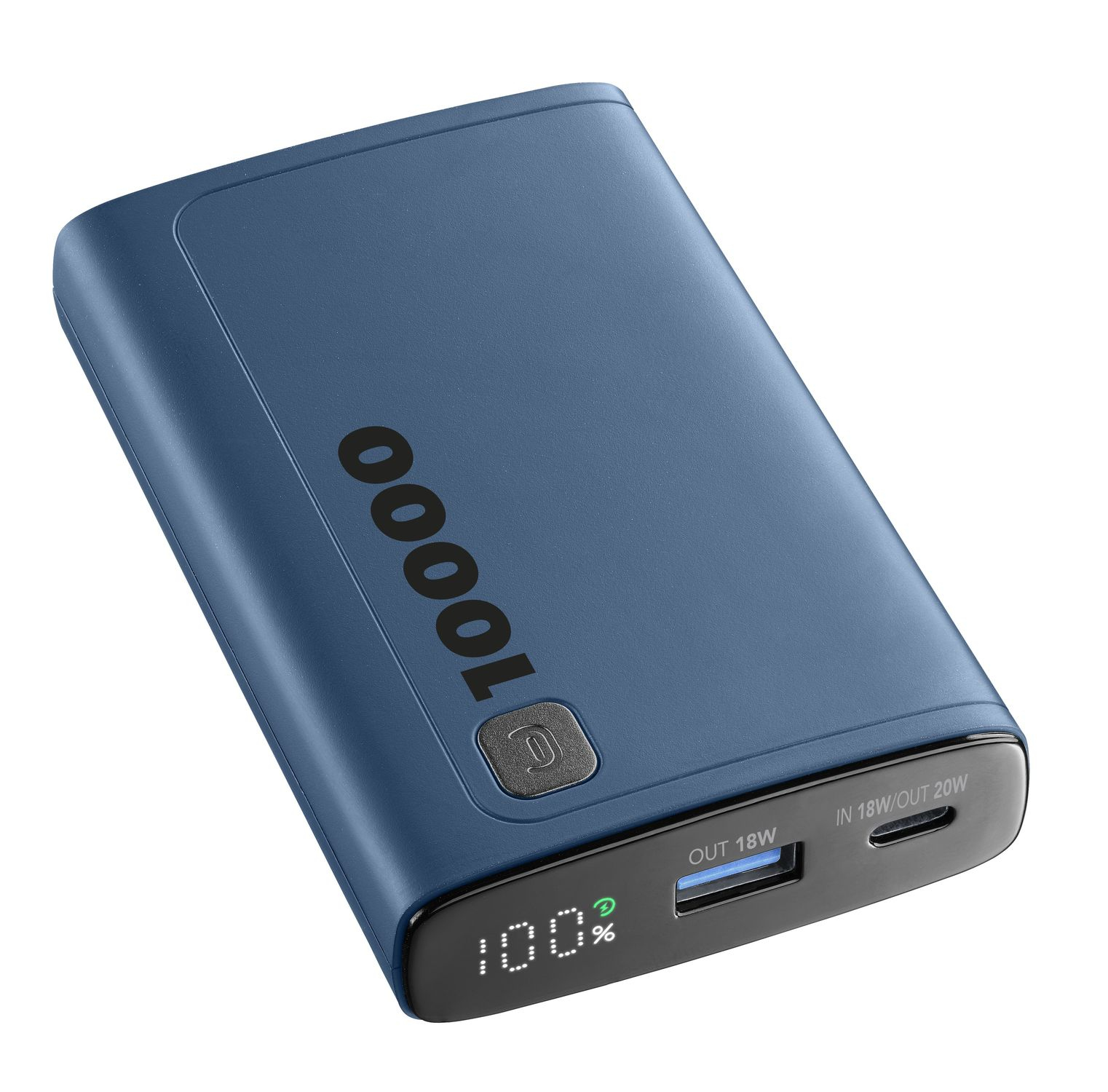 Una batería externa azul de 10000 mAh con pantalla digital que muestra 100%.