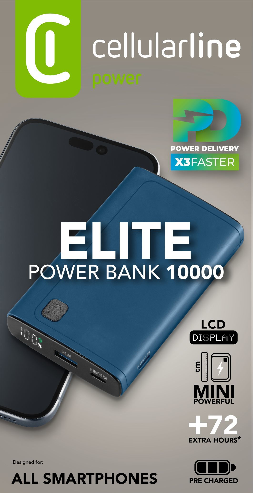 Power Bank Cellularline Elite 10000 con LCD, 72 horas extra, para smartphones.