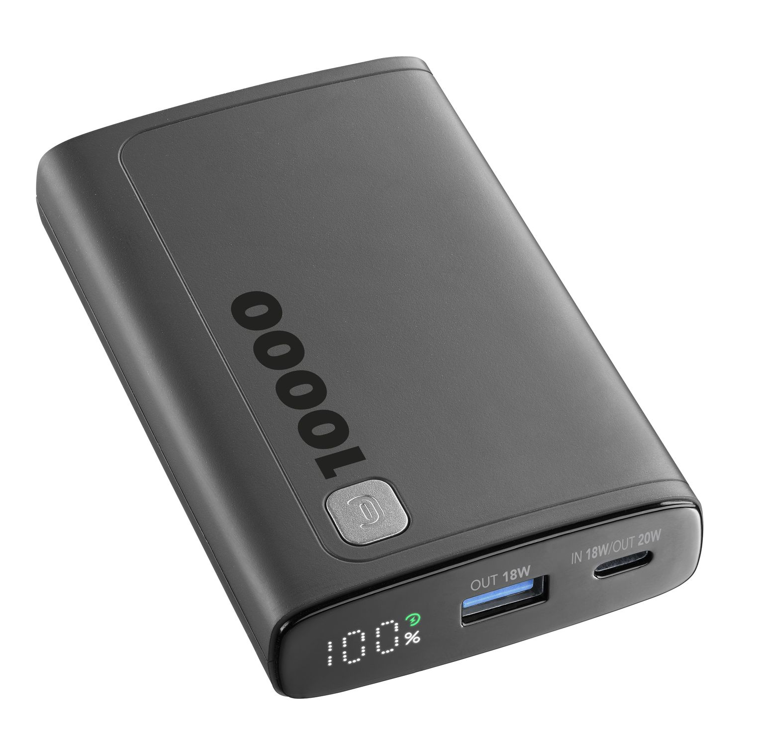 Batería externa negra con capacidad de 10000, puertos USB-A y USB-C.