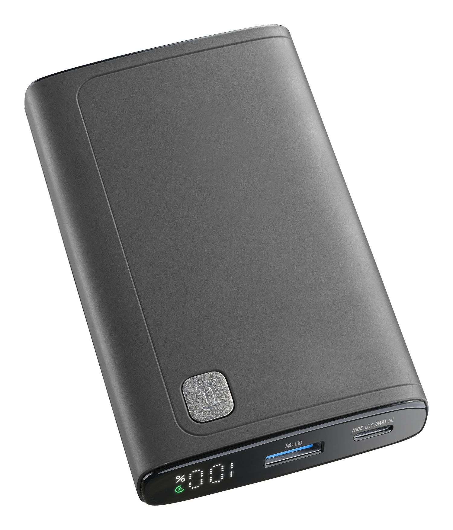 Batería externa gris con 100% de carga, puertos USB-A y USB-C.