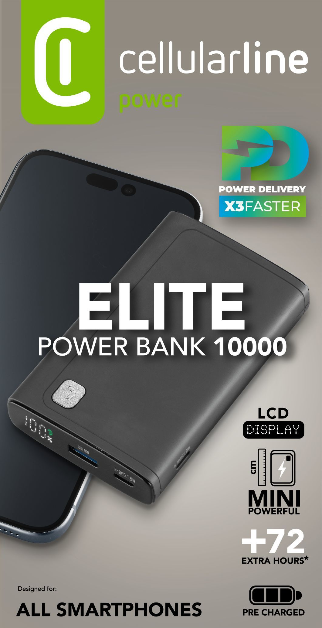Embalaje CellularLine Elite Power Bank 10000 negro con carga X3 Faster, pantalla LCD, 10000mAh, +72h, pre cargado, para todos los smartphones.