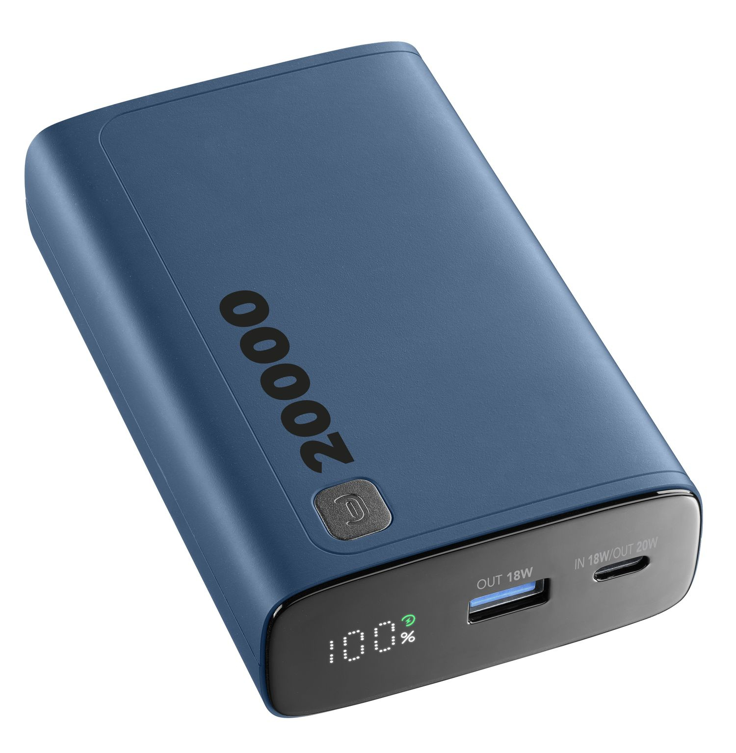 Batería externa azul de 20000 mAh con carga del 100%. Entrada/salida USB-C.