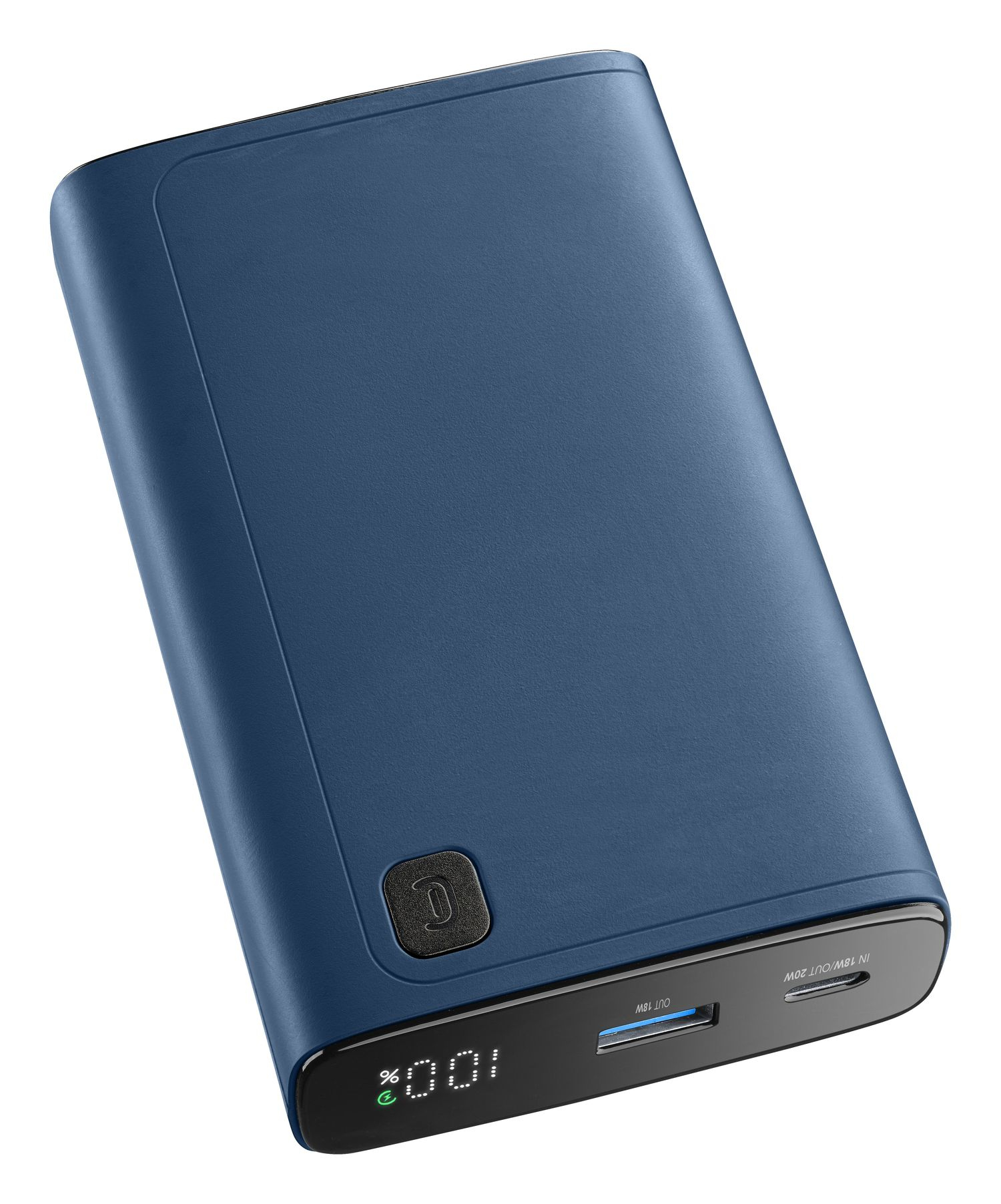 Power bank azul oscuro con pantalla digital que muestra 100%.