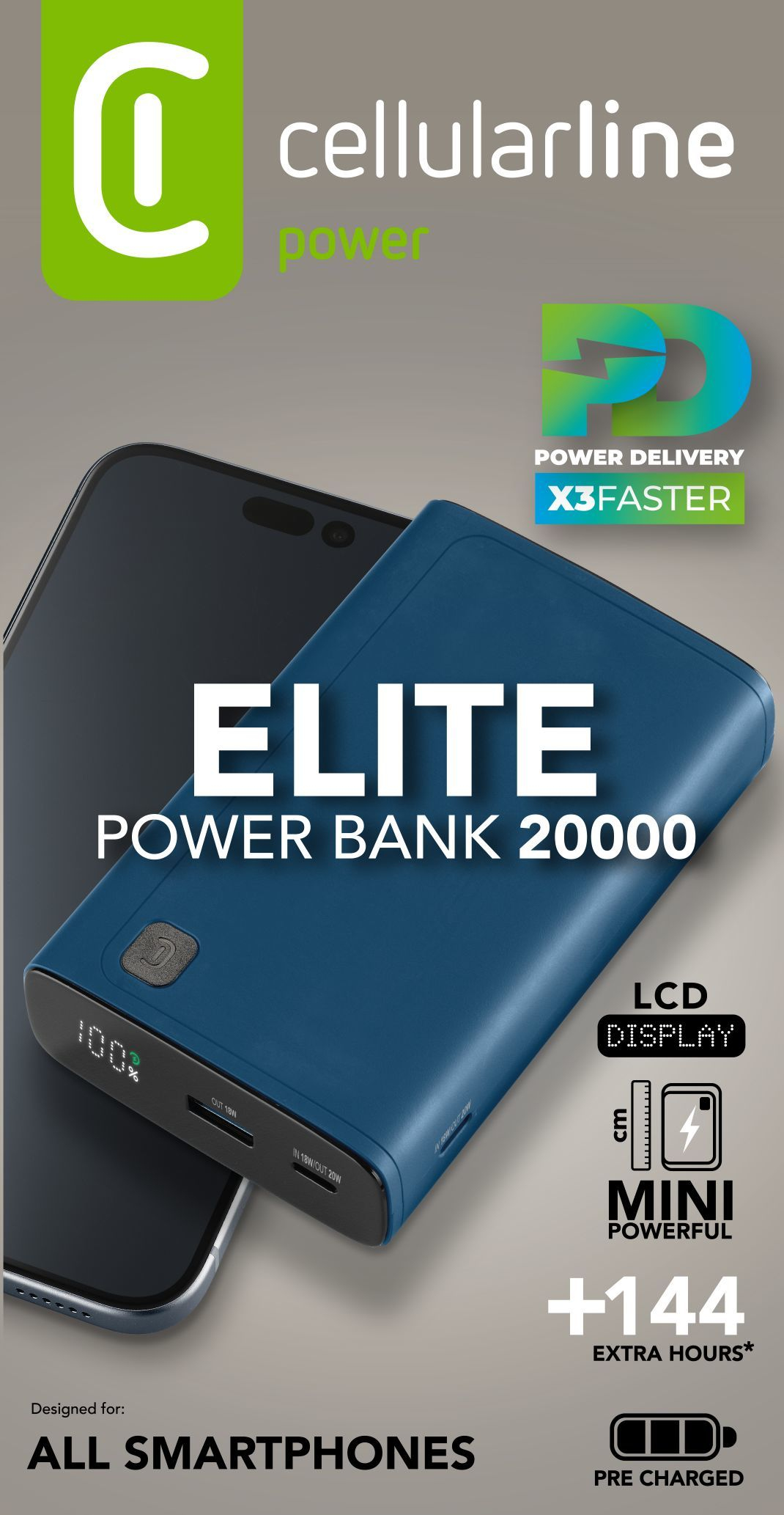 Embalaje CellularLine Elite Power Bank 20000 azul con carga X3 Faster, pantalla LCD, 20000mAh, +144h, pre cargado, para todos los smartphones.