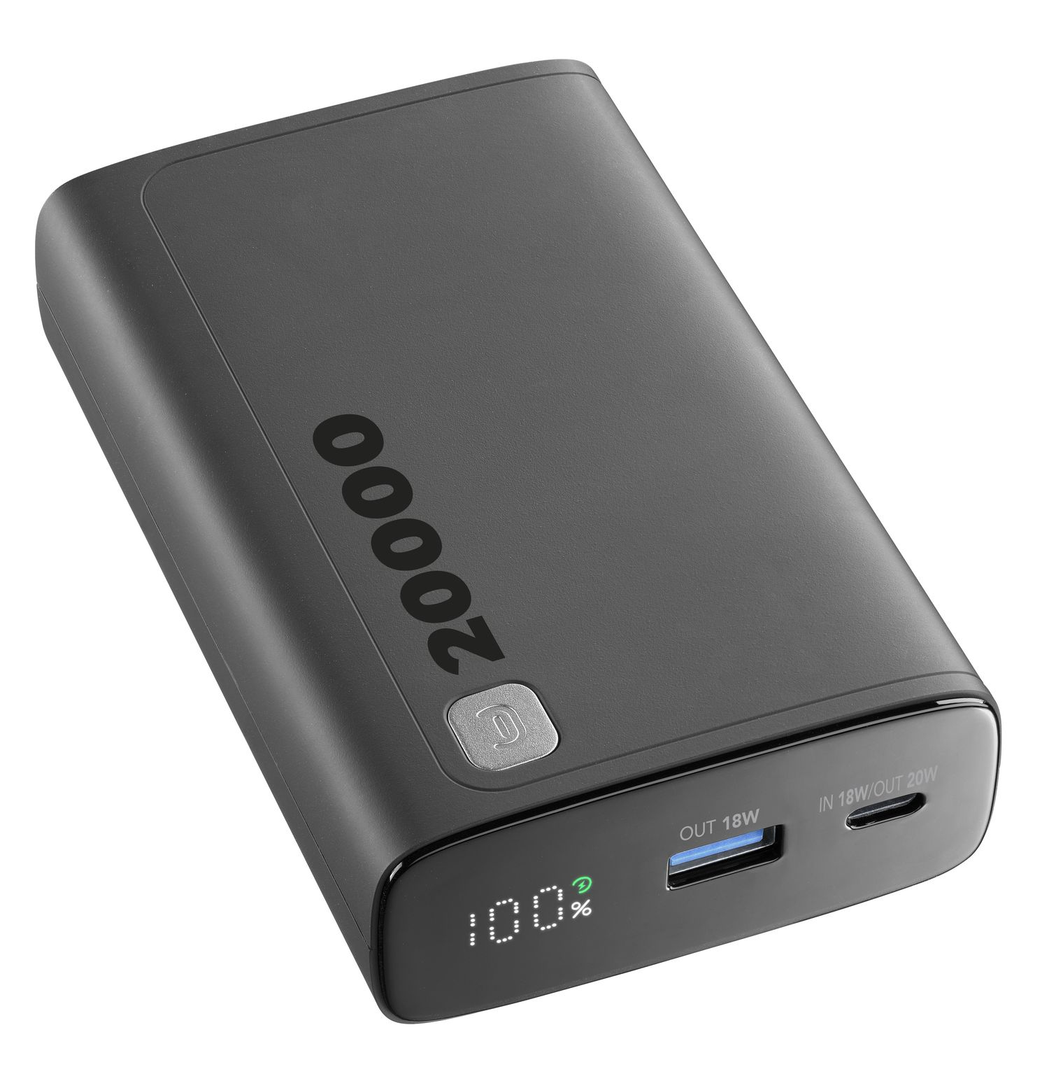 Power bank negra de 20000mAh con puertos USB-A y USB-C.