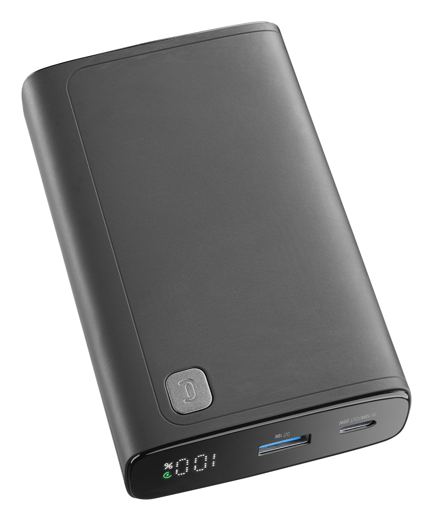 Batería externa negra con pantalla digital del 100% y un puerto USB-C.
