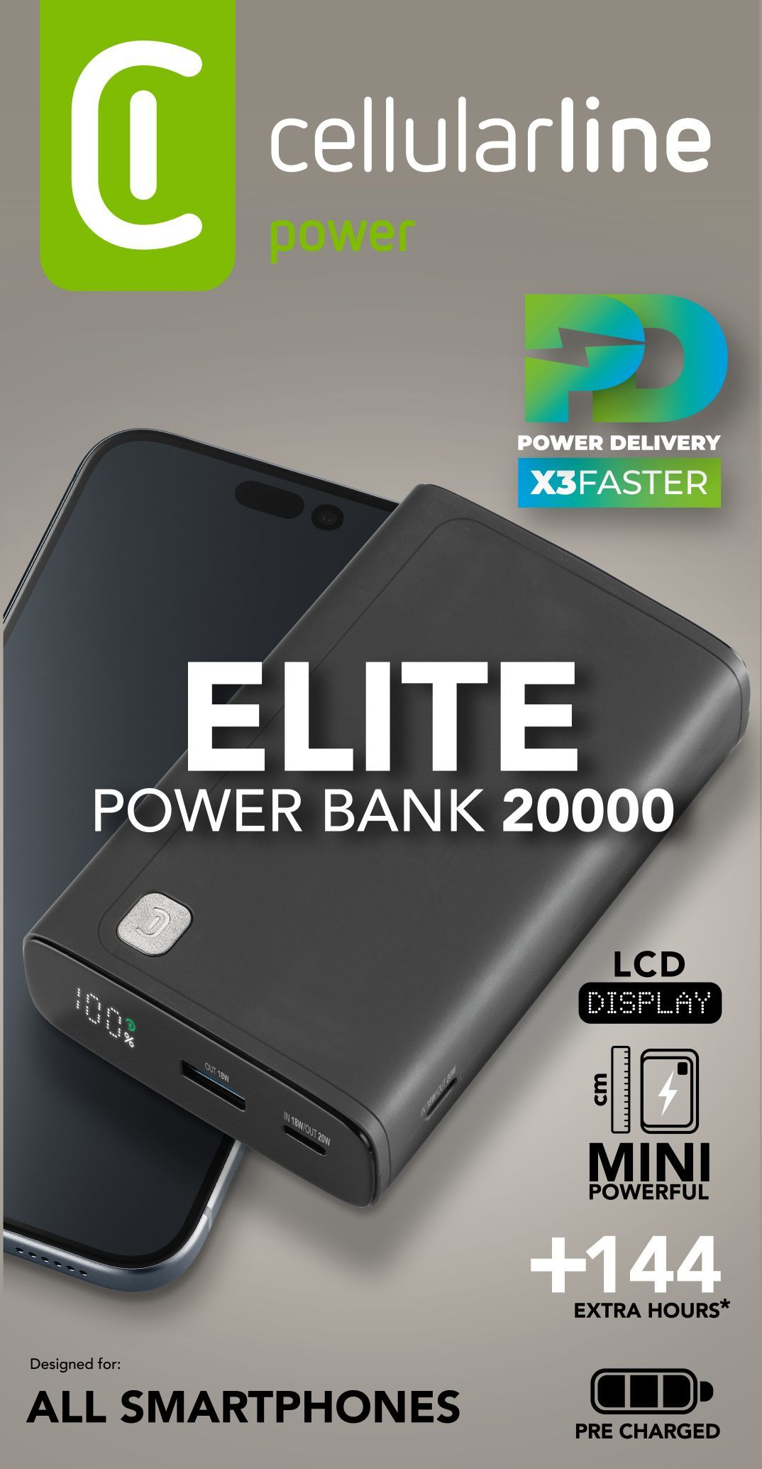 Embalaje CellularLine Elite Power Bank 20000 negro con carga X3 Faster, pantalla LCD, 20000mAh, +144h, pre cargado, para todos los smartphones.