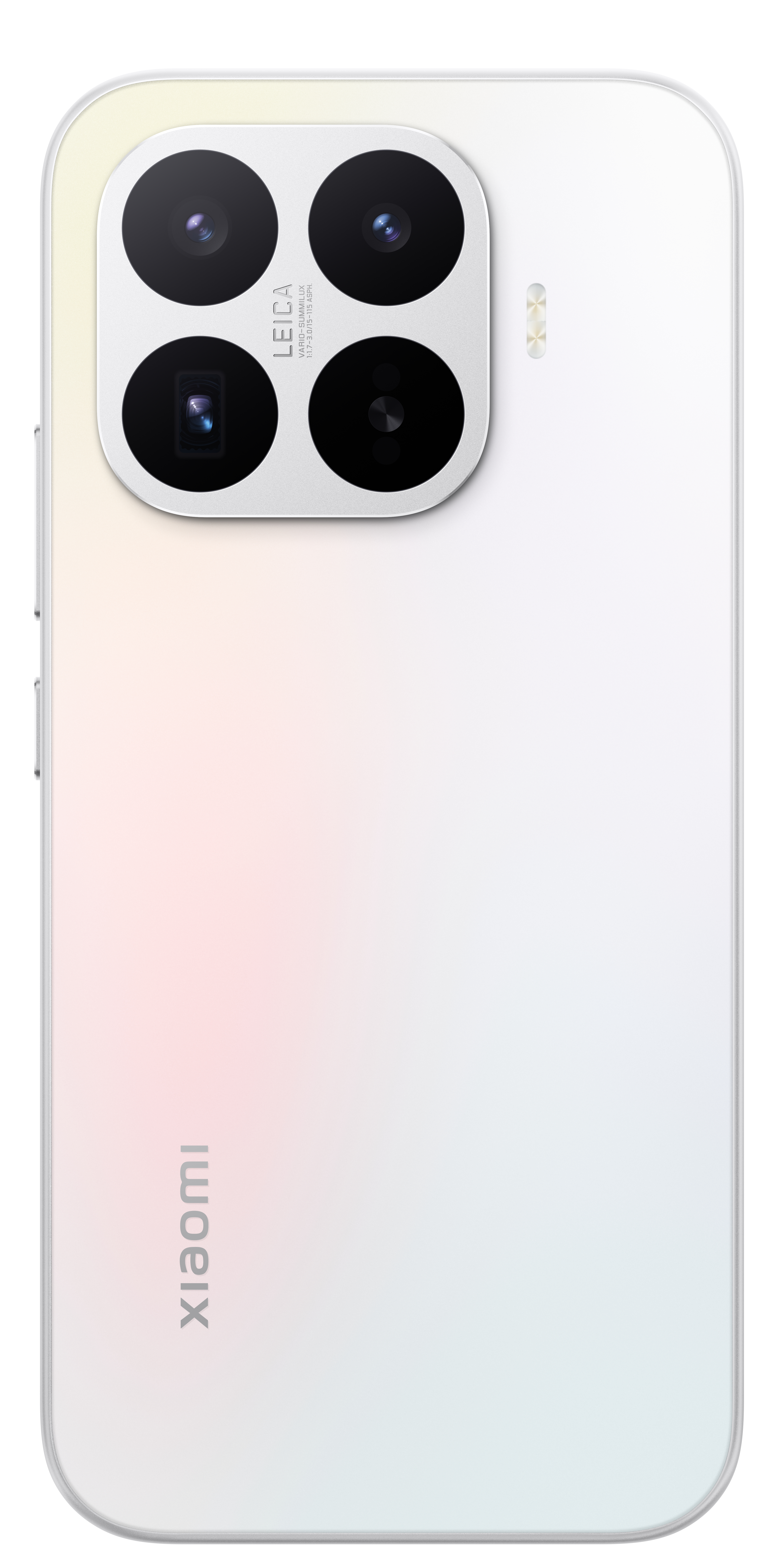 Rückseite eines weißen Smartphones mit vier Kameras und Leica-Schriftzug.