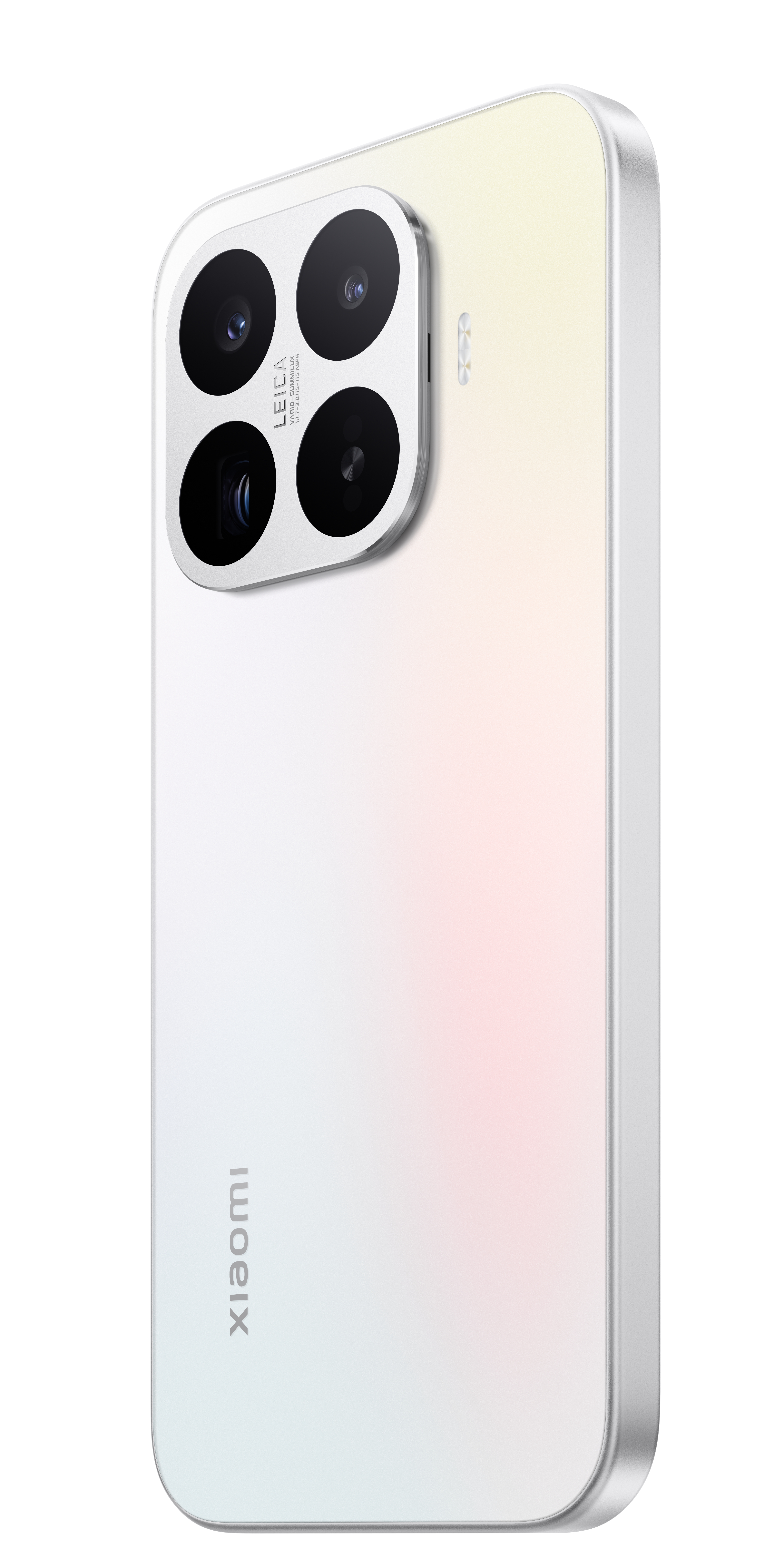 Ein weißes Smartphone mit vier Kameras und Leica-Logo auf der Rückseite.