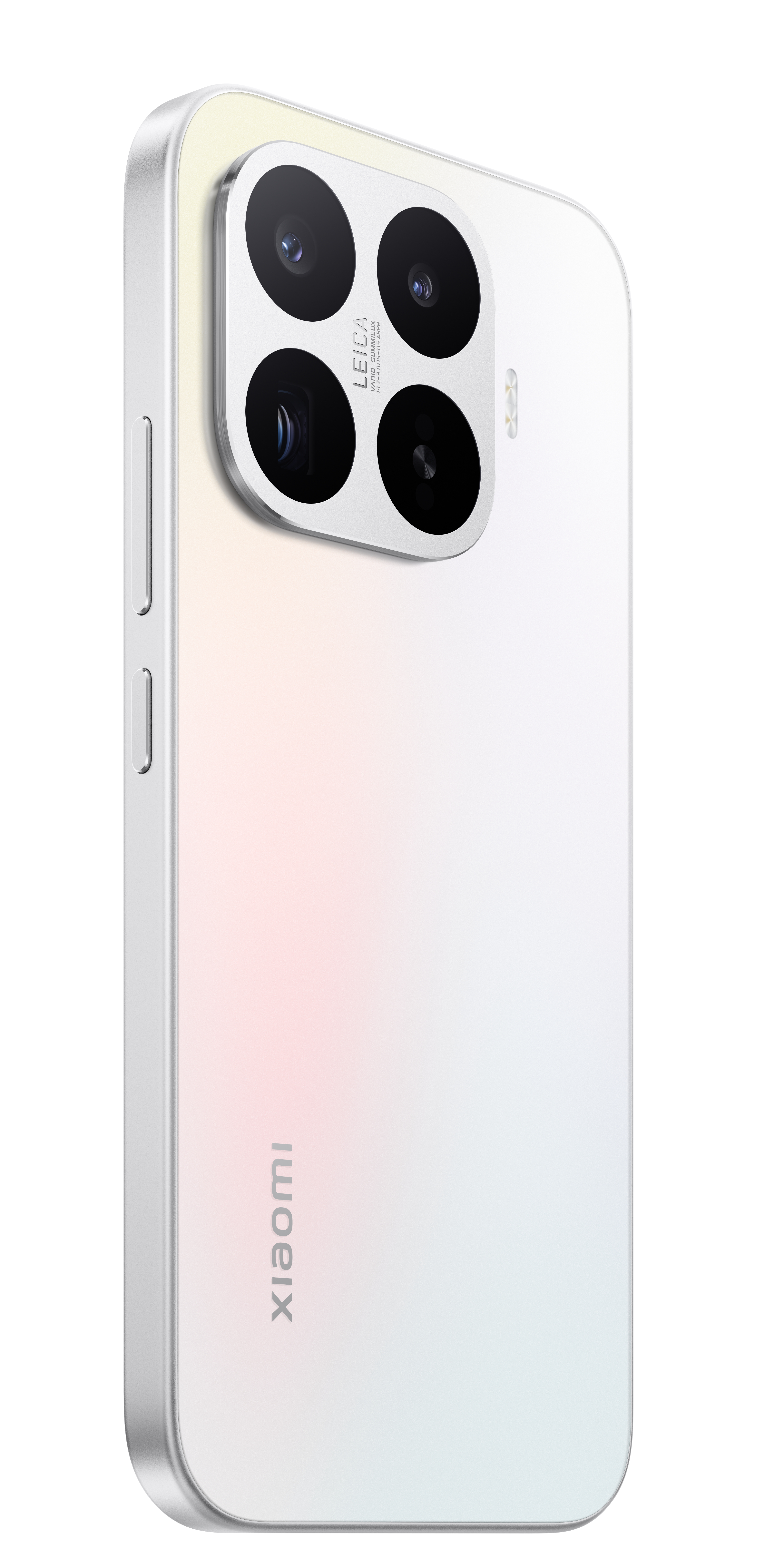 Ein weißes Smartphone mit Leica-Kamera, das auf einem weißen Hintergrund steht.
