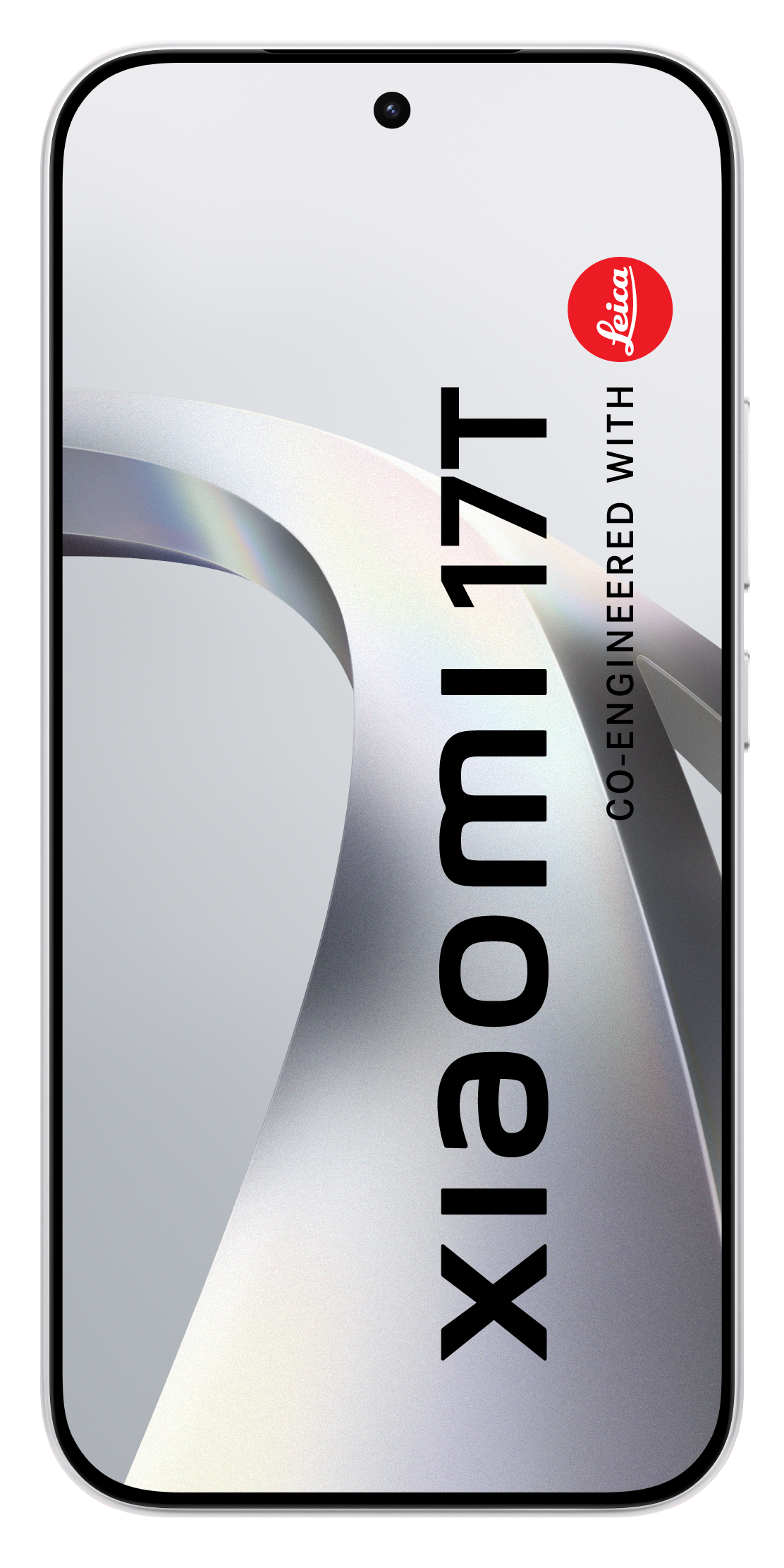 Xiaomi 17T mit Leica-Logo auf hellem Hintergrund mit geschwungenen Formen.