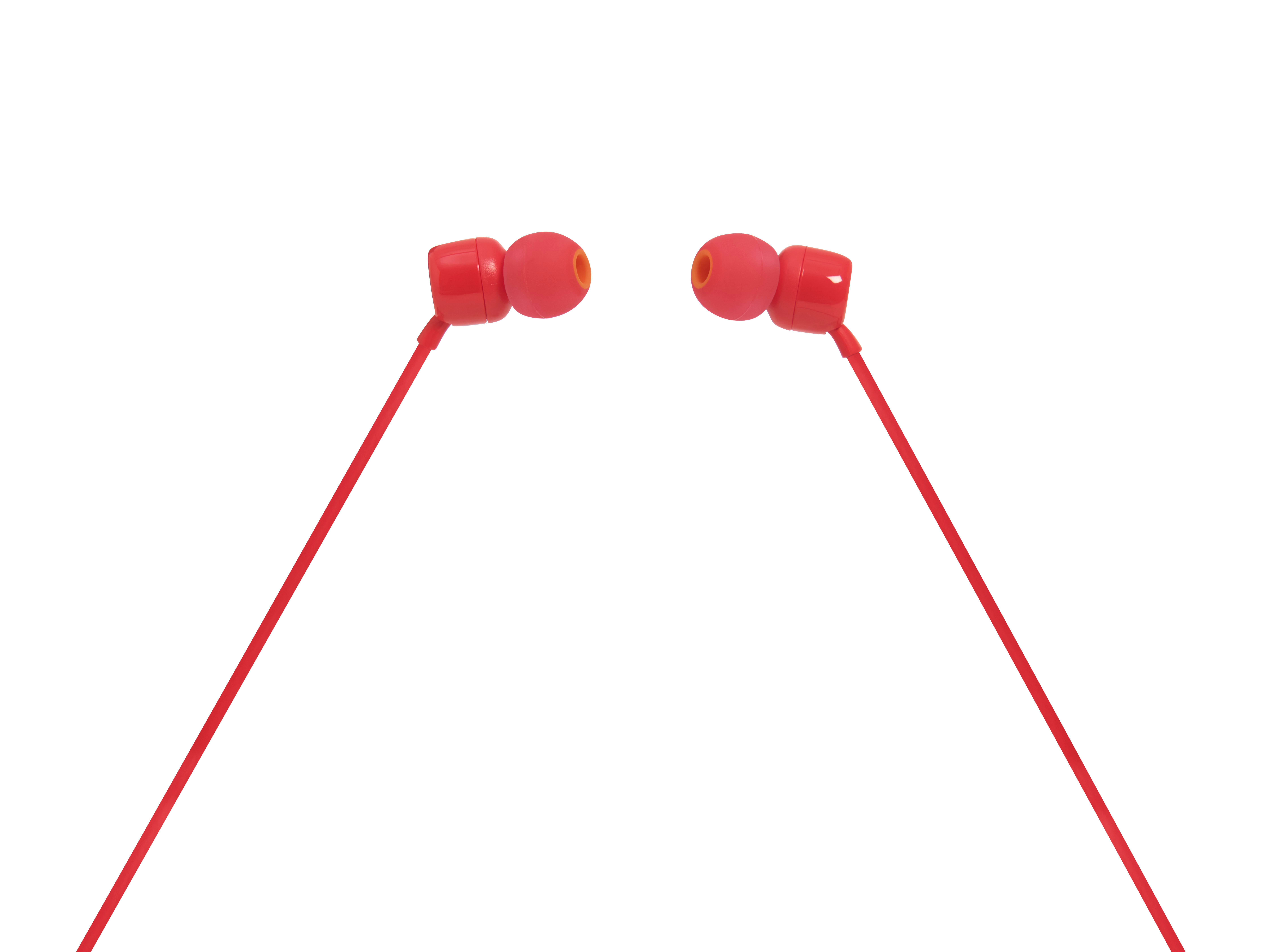 Zwei rote In-Ear-Kopfhörer mit orangefarbenen Spitzen auf weißem Hintergrund.
