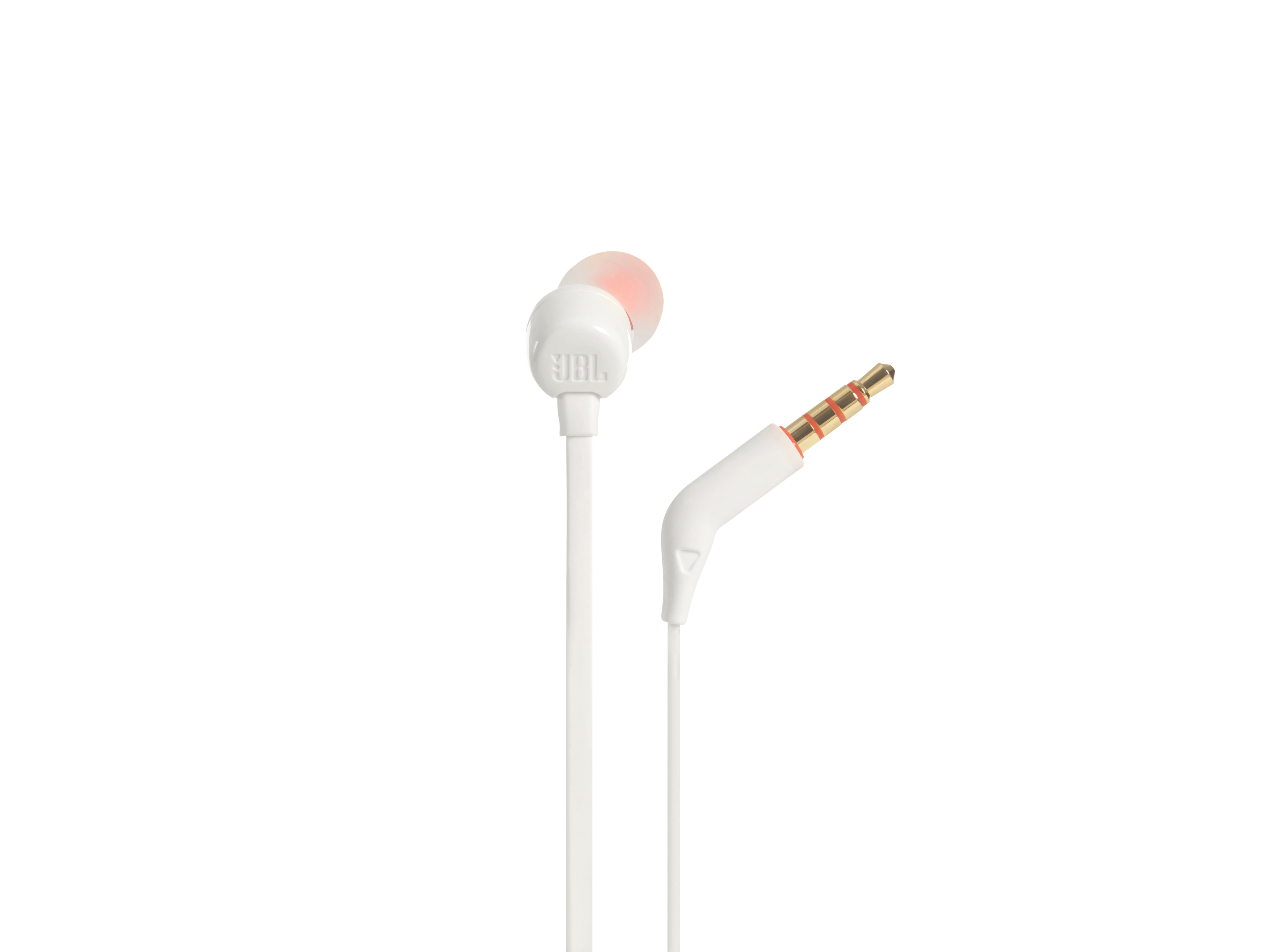 Weiße JBL-Kopfhörer mit orangen Ohrstöpseln und einem goldenen Stecker.