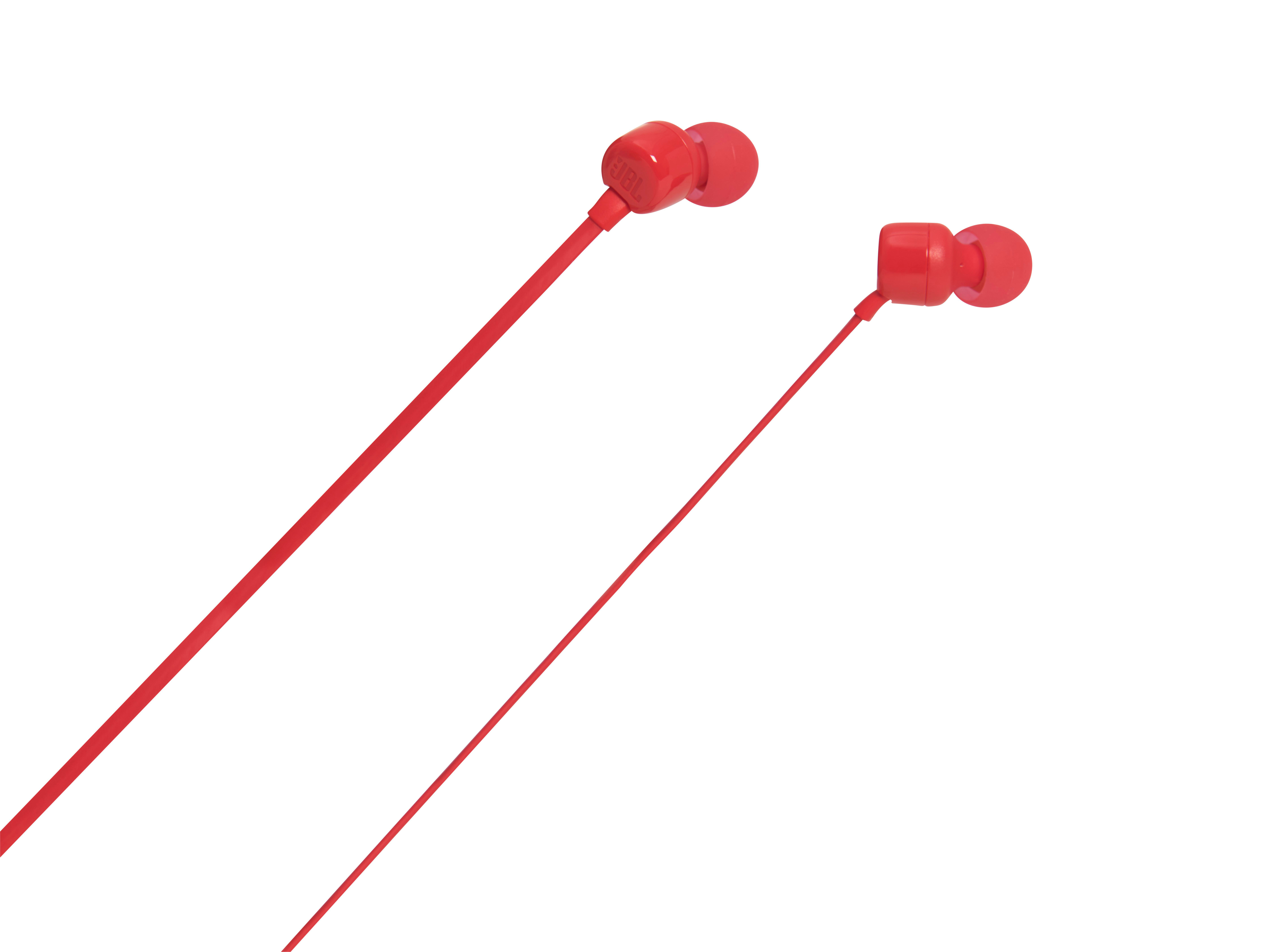 Zwei rote JBL-Ohrhörer mit Kabeln auf weißem Hintergrund.