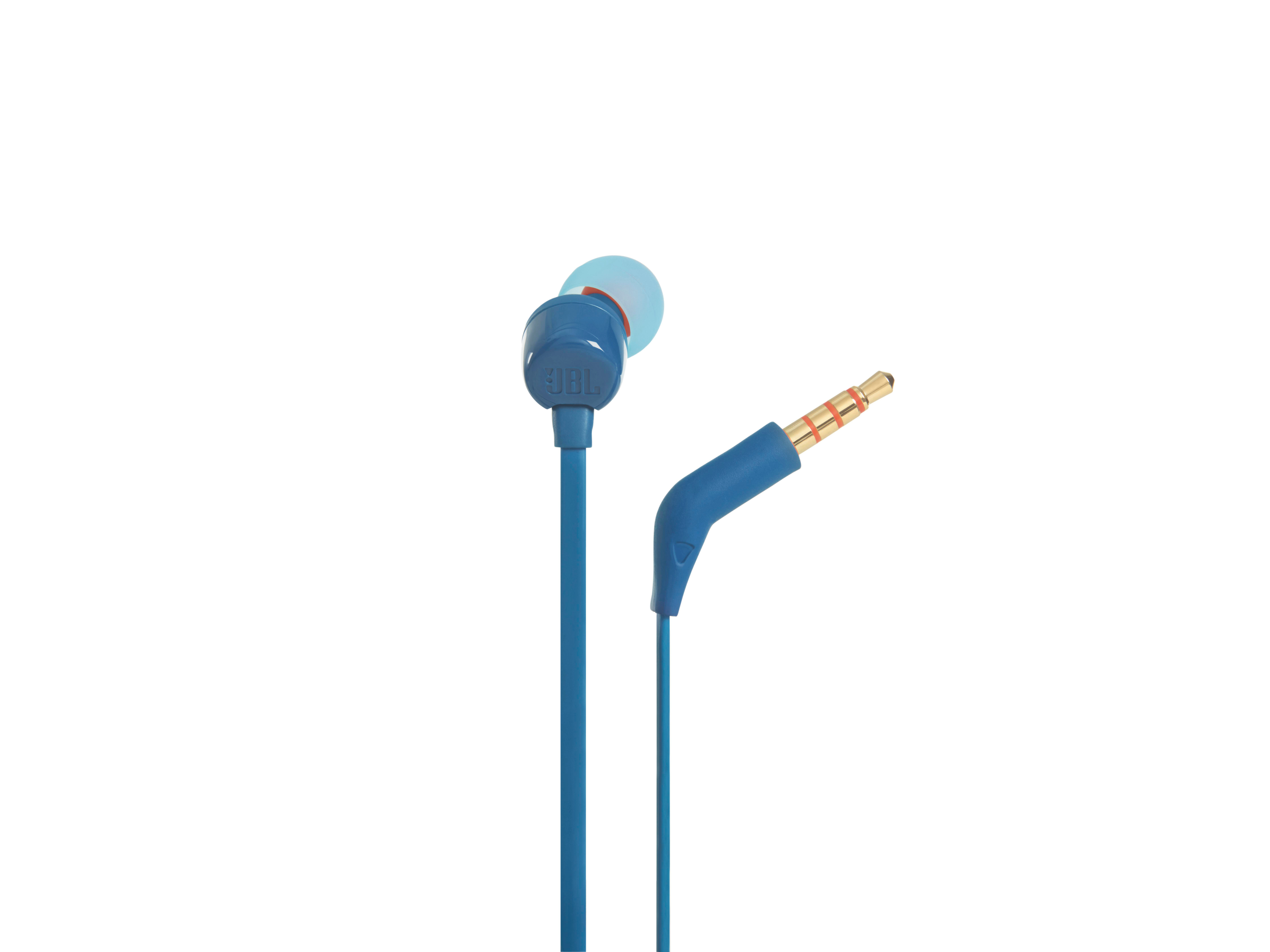 Blaue JBL-Kopfhörer mit 3,5-mm-Klinkenstecker und blauem Ohrstöpsel.