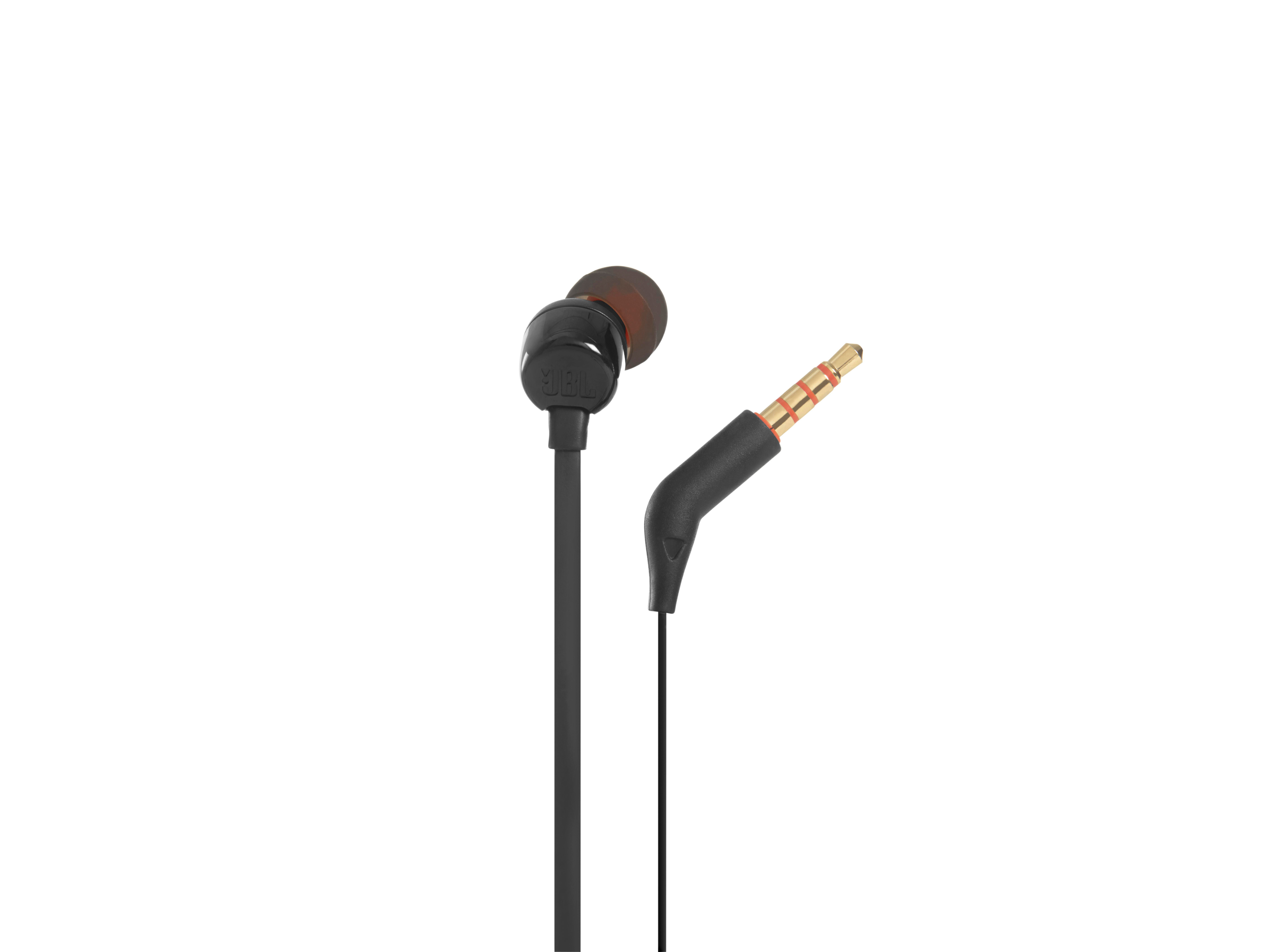 Schwarze JBL-Kopfhörer mit 3,5-mm-Stecker und braunen Ohrstöpseln.