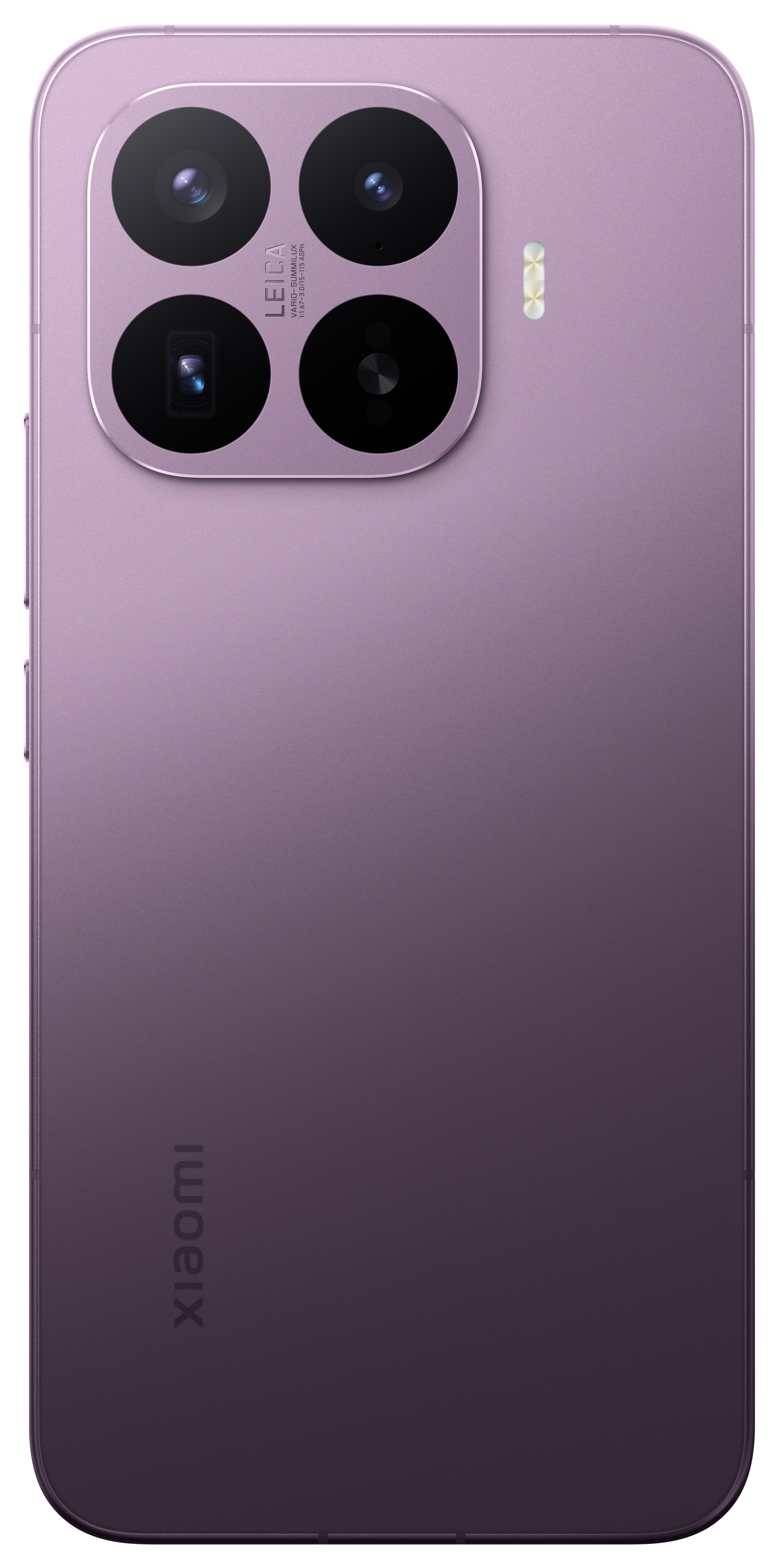 Lila Smartphone-Rückseite mit Quad-Kamerasystem und Leica-Branding. Xiaomi-Logo sichtbar.