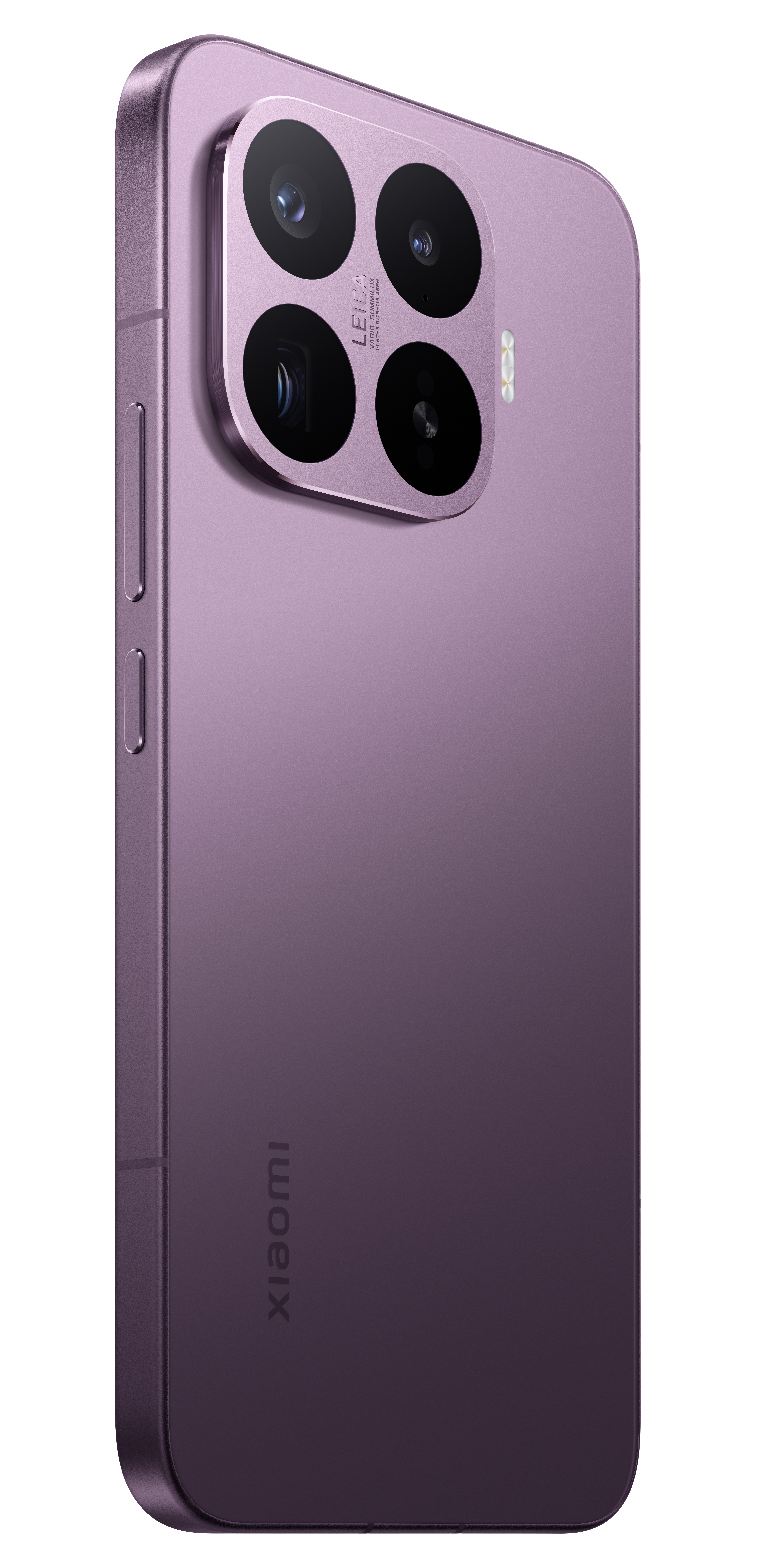 Lila Smartphone mit vierfacher Kamera, Leica-Branding und Xiaomi-Logo.