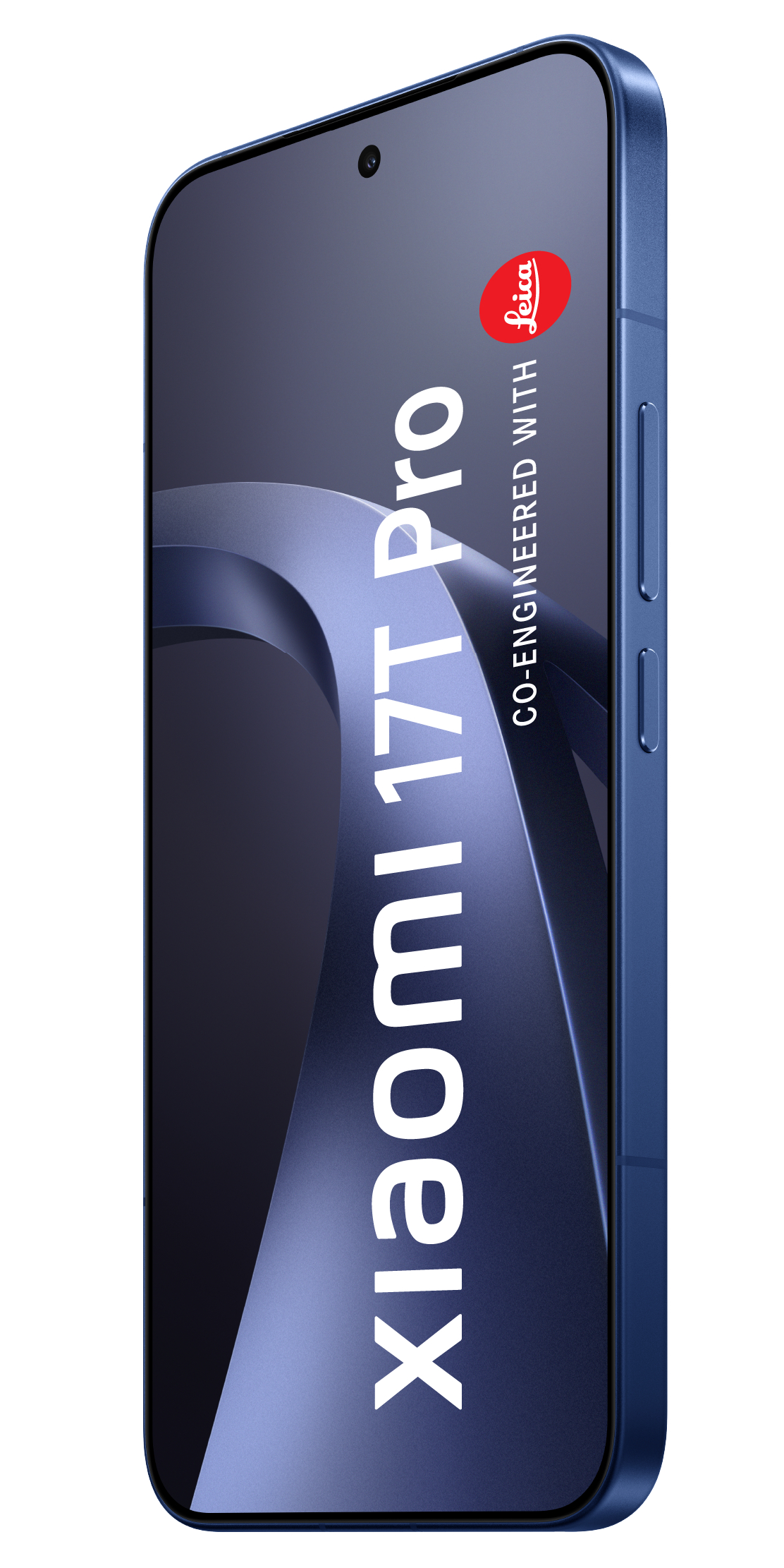 Ein blauer Xiaomi 17T Pro mit Leica-Logo und einer Welle auf dem Bildschirm.