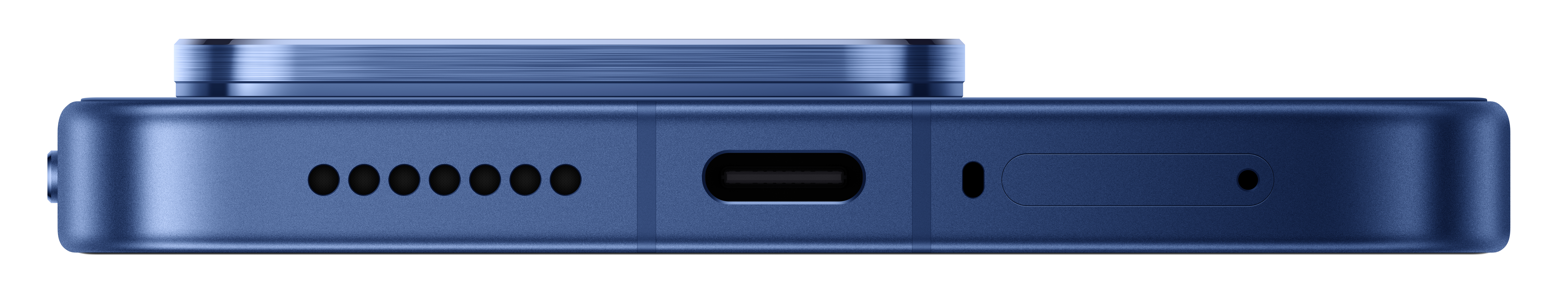 Nahaufnahme der Unterseite eines blauen Smartphones mit Ladeanschluss und Lautsprechern.